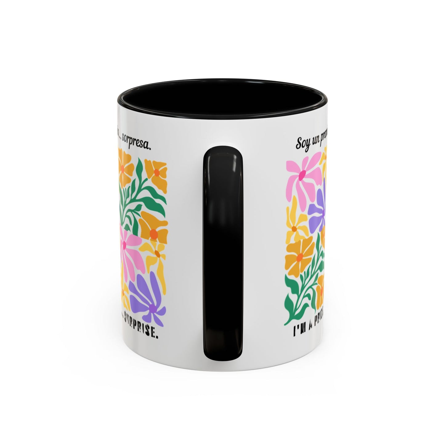 Floral "Soy un premio... sorpresa" Accent Coffee Mug — Colorful Spanish Quote 11/15oz