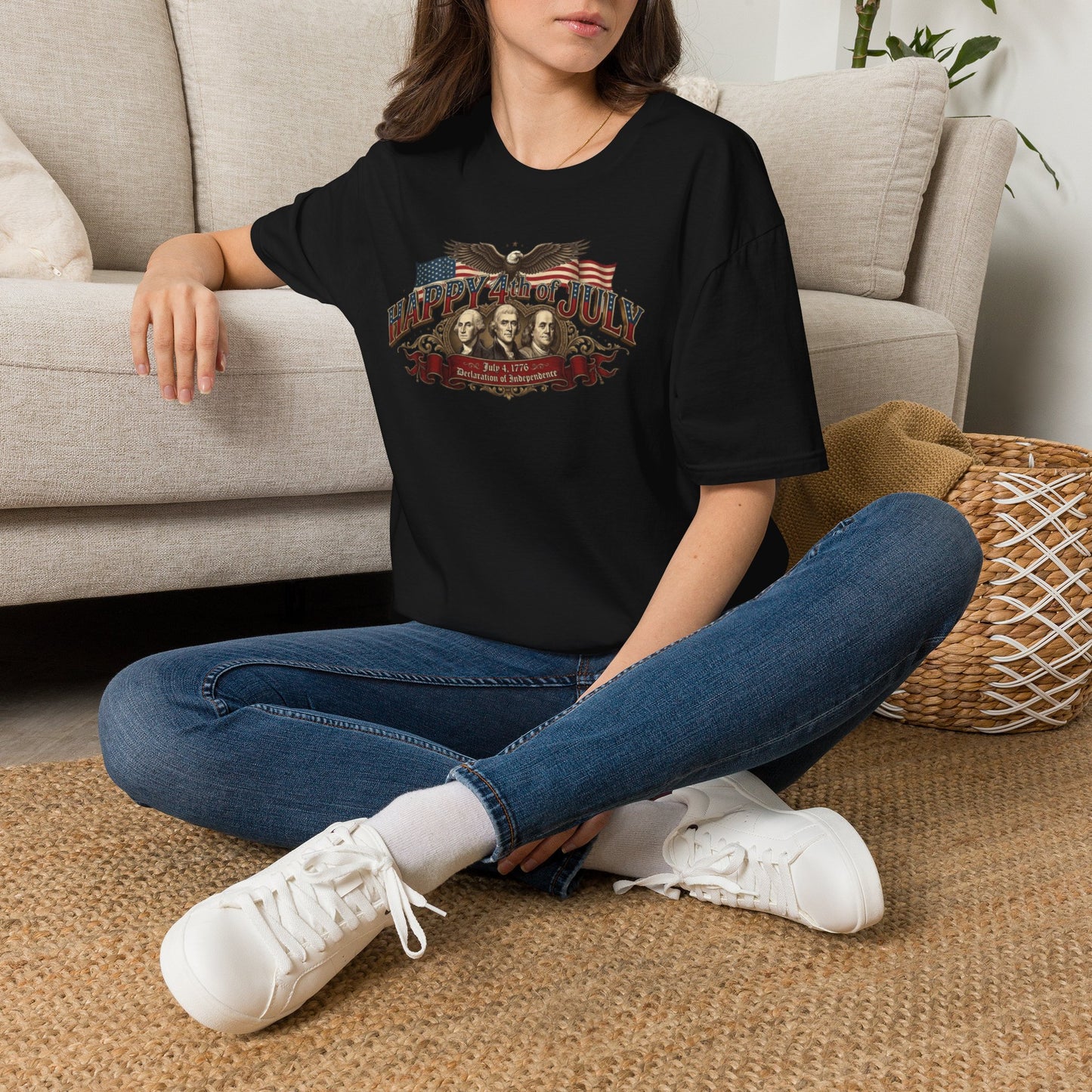 4th of July T-Shirt — "Happy 4th of July" Vintage Patriotic Tee featuring Founding Fathers & Eagle