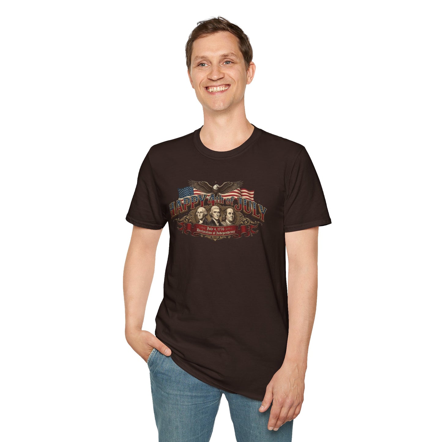 4th of July T-Shirt — "Happy 4th of July" Vintage Patriotic Tee featuring Founding Fathers & Eagle