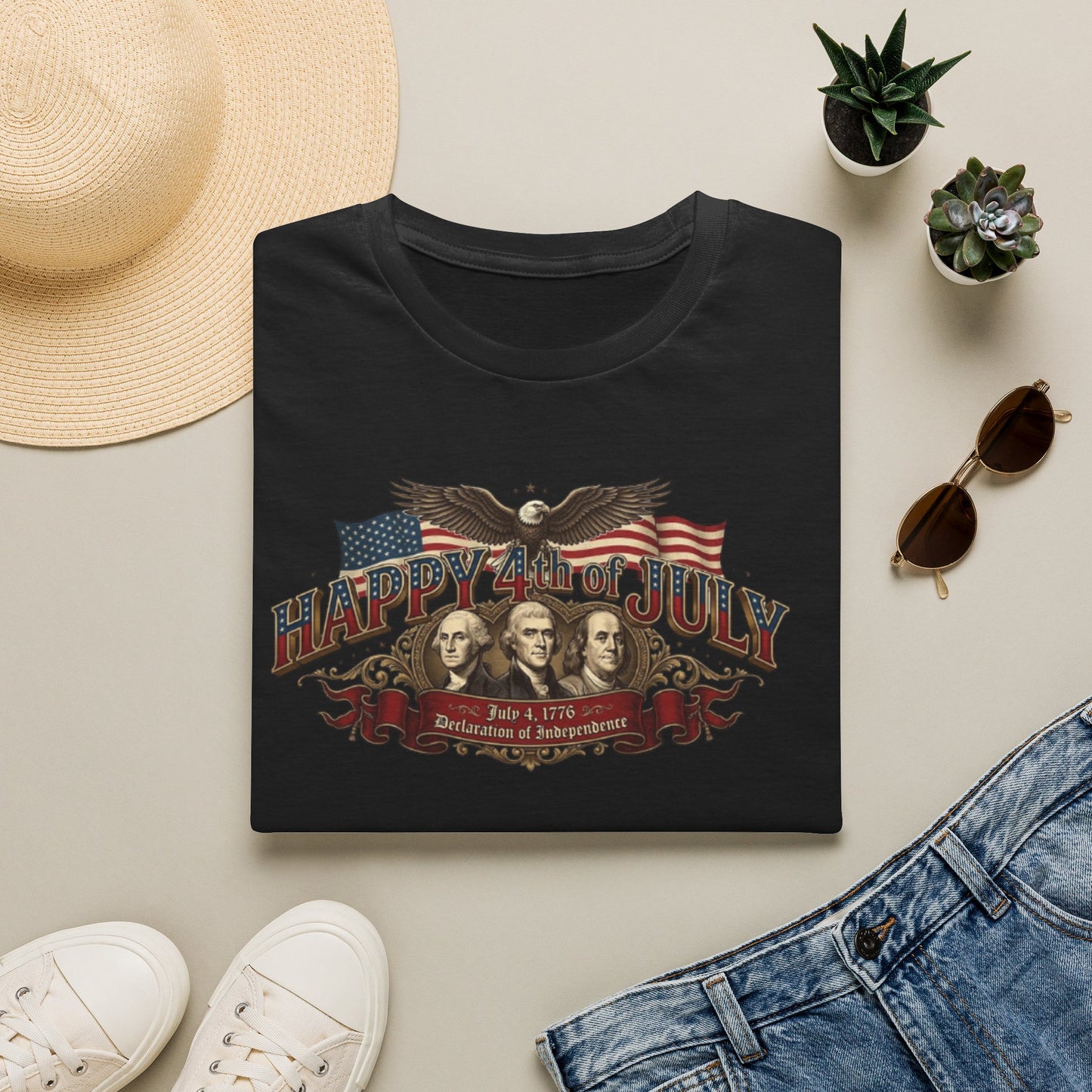 4th of July T-Shirt — "Happy 4th of July" Vintage Patriotic Tee featuring Founding Fathers & Eagle