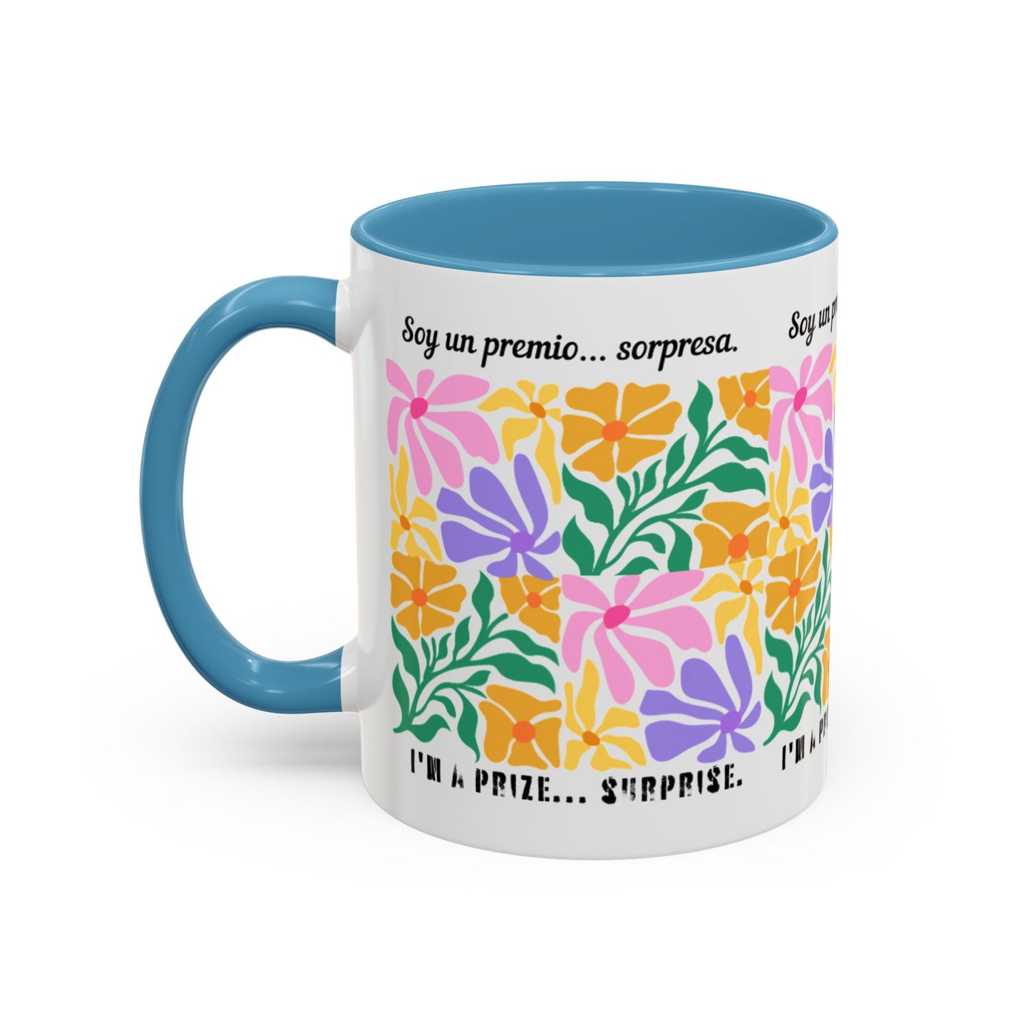 Floral "Soy un premio... sorpresa" Accent Coffee Mug — Colorful Spanish Quote 11/15oz