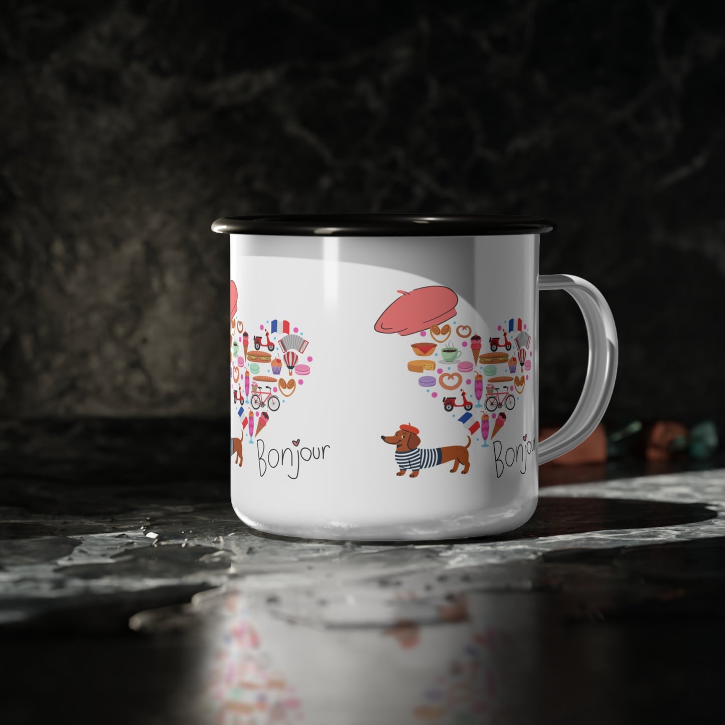 Enamel Camp Cup, This glossy enamel camp cup brings a playful touch of Paris to morning coffee,