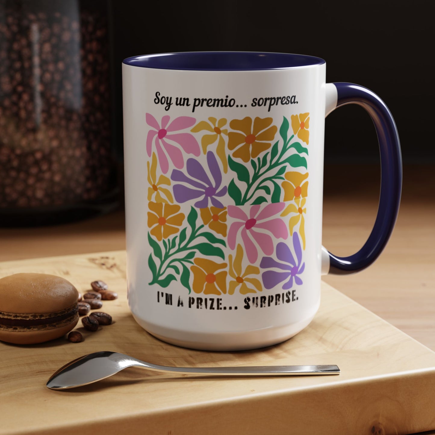 Floral 'Soy un premio... sorpresa / I'm a Prize... Surprise' Accent Coffee Mug