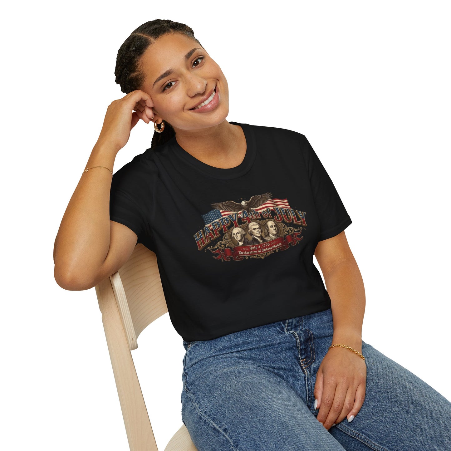 4th of July T-Shirt — "Happy 4th of July" Vintage Patriotic Tee featuring Founding Fathers & Eagle