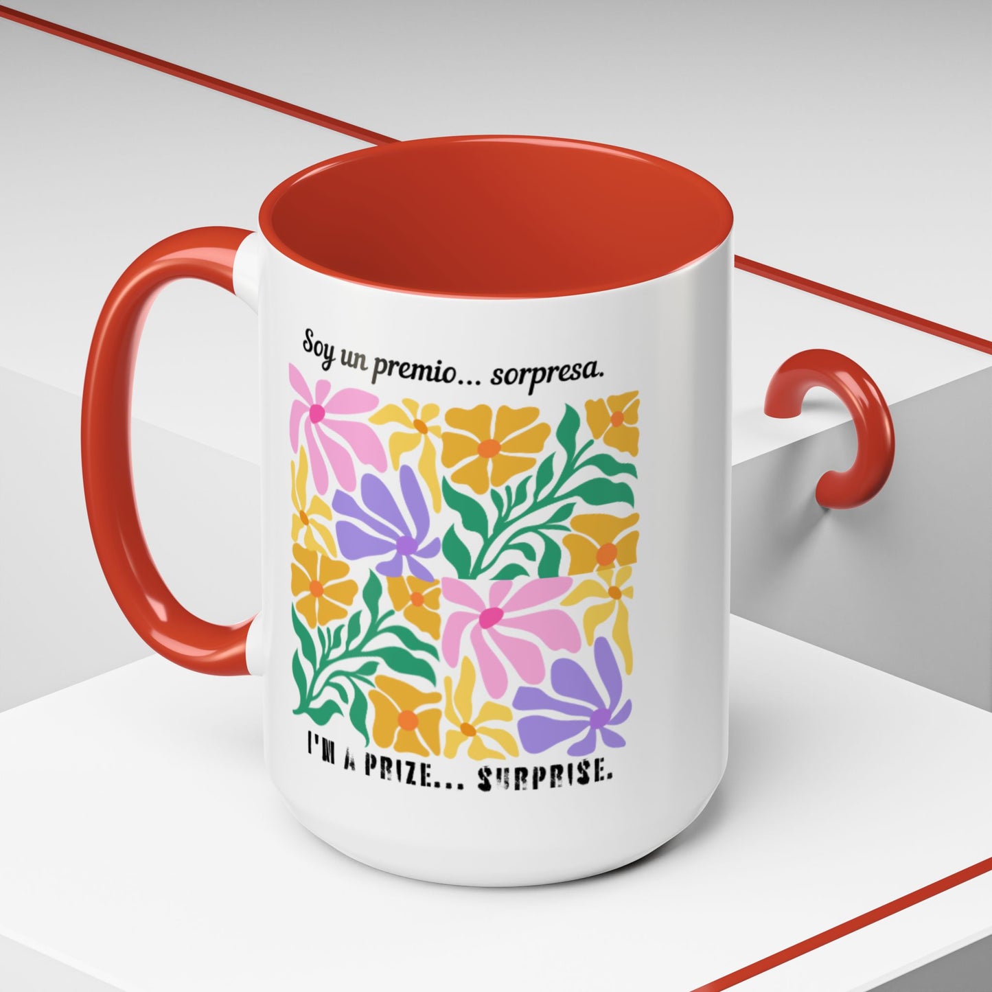 Floral 'Soy un premio... sorpresa / I'm a Prize... Surprise' Accent Coffee Mug