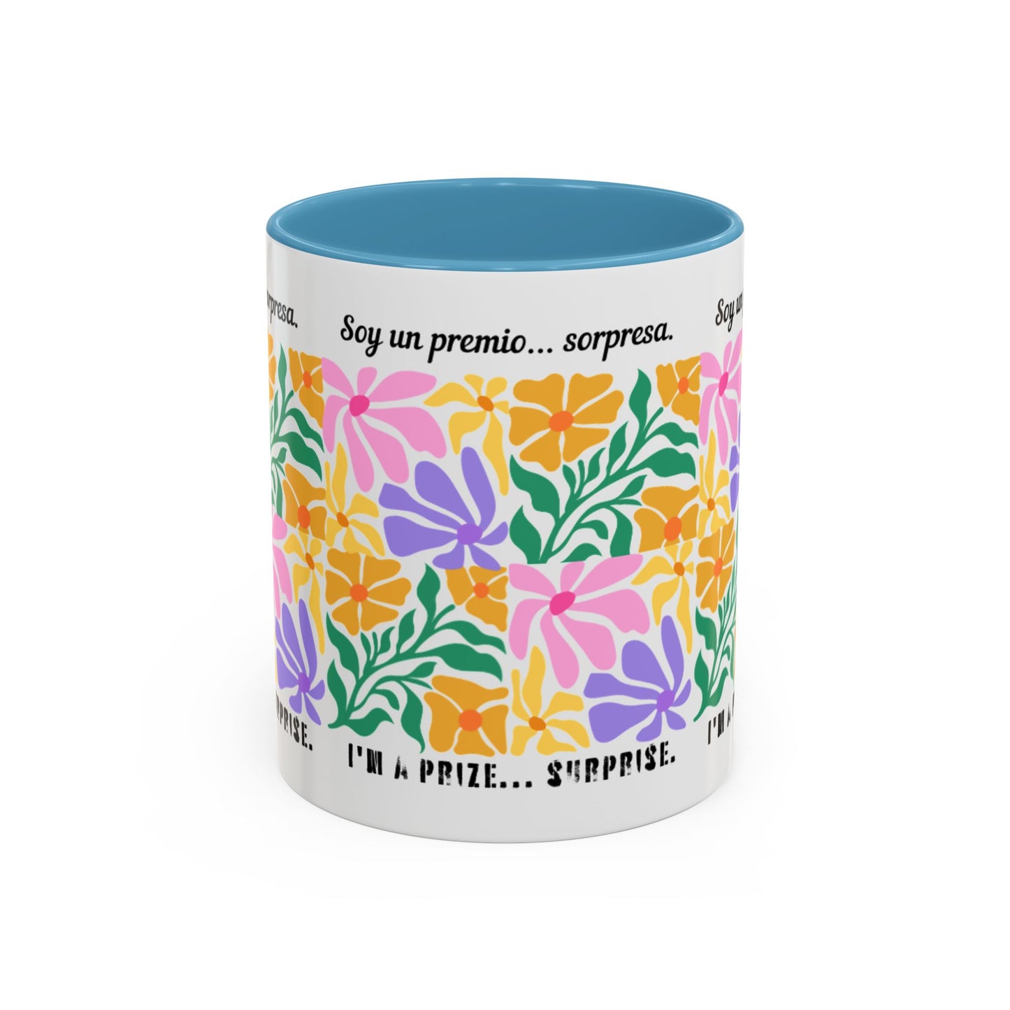 Floral "Soy un premio... sorpresa" Accent Coffee Mug — Colorful Spanish Quote 11/15oz