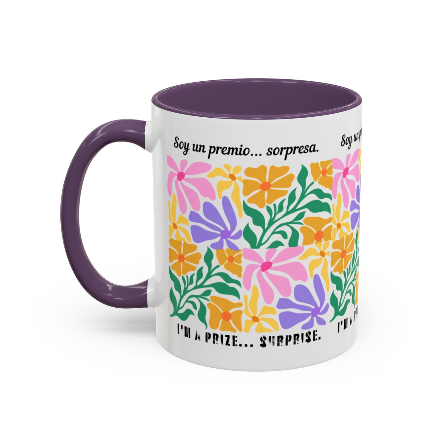 Floral "Soy un premio... sorpresa" Accent Coffee Mug — Colorful Spanish Quote 11/15oz