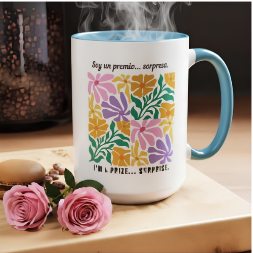 Floral 'Soy un premio... sorpresa / I'm a Prize... Surprise' Accent Coffee Mug