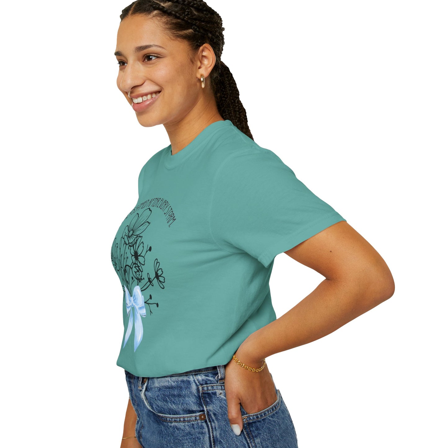 T-Shirt — 'She Blossomed After Every Storm' Floral Bouquet Tee with Blue Ribbon