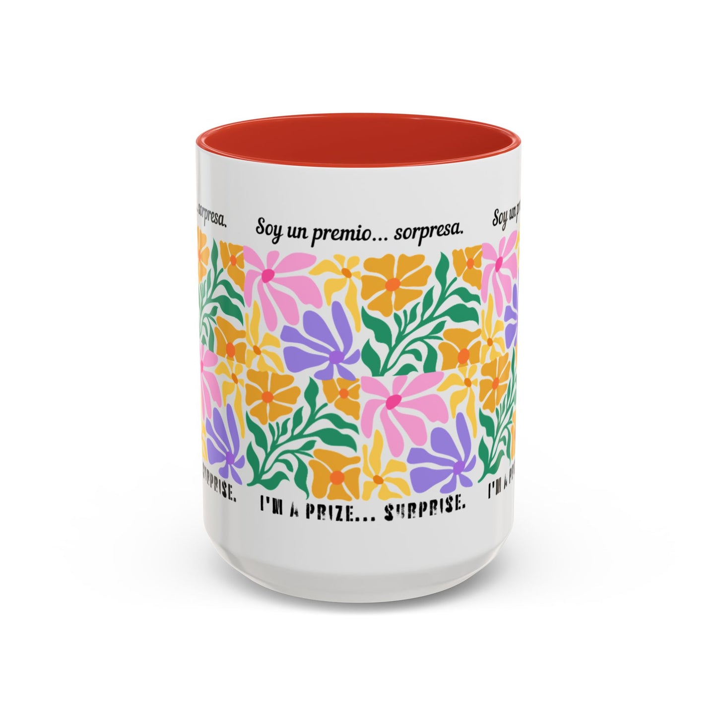 Floral "Soy un premio... sorpresa" Accent Coffee Mug — Colorful Spanish Quote 11/15oz