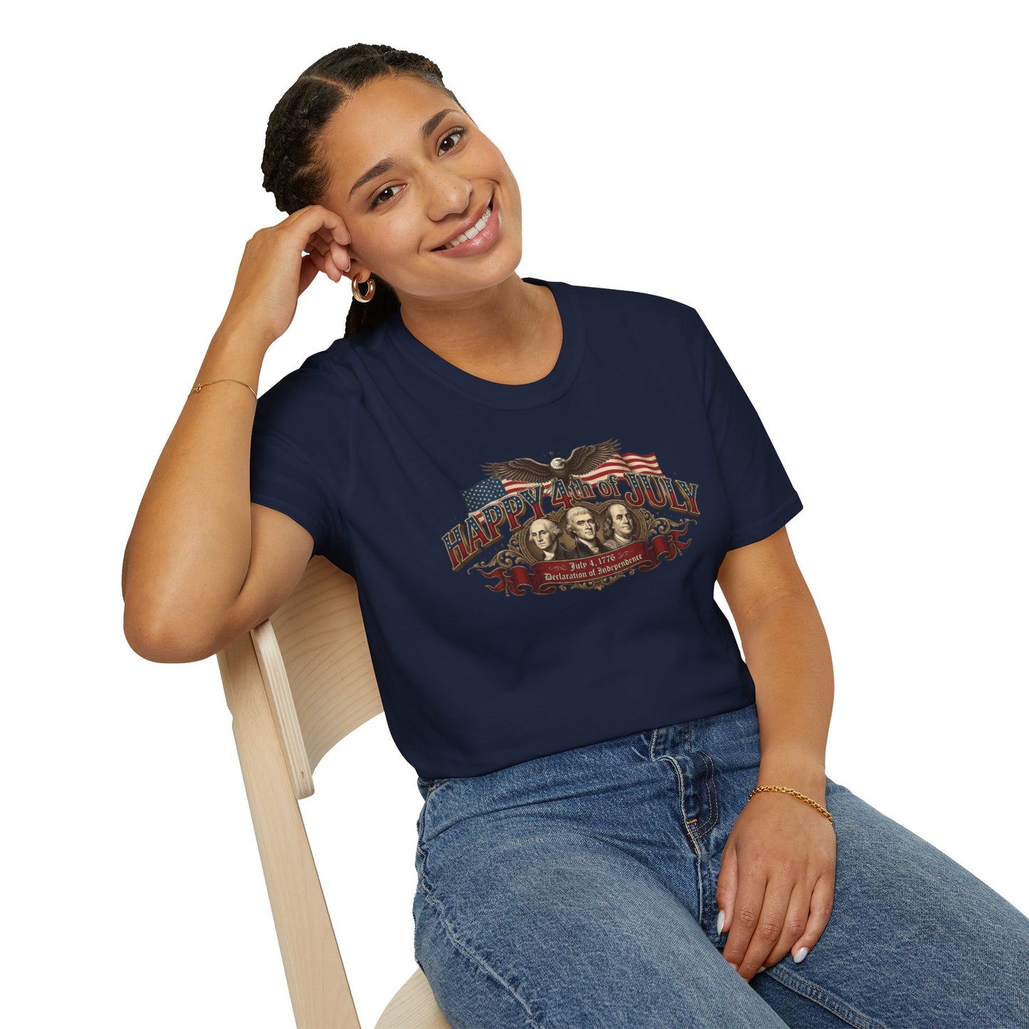 4th of July T-Shirt — "Happy 4th of July" Vintage Patriotic Tee featuring Founding Fathers & Eagle