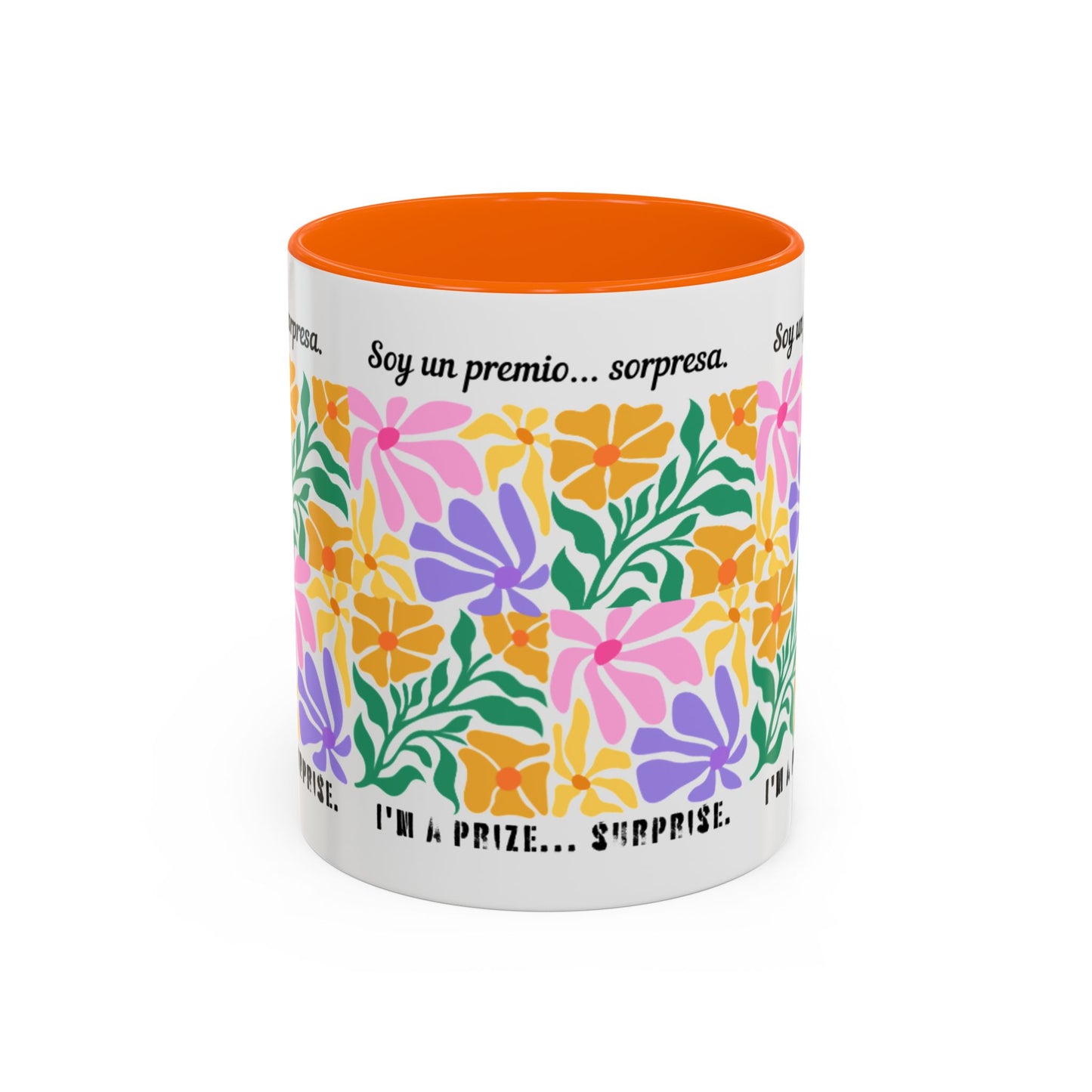 Floral "Soy un premio... sorpresa" Accent Coffee Mug — Colorful Spanish Quote 11/15oz