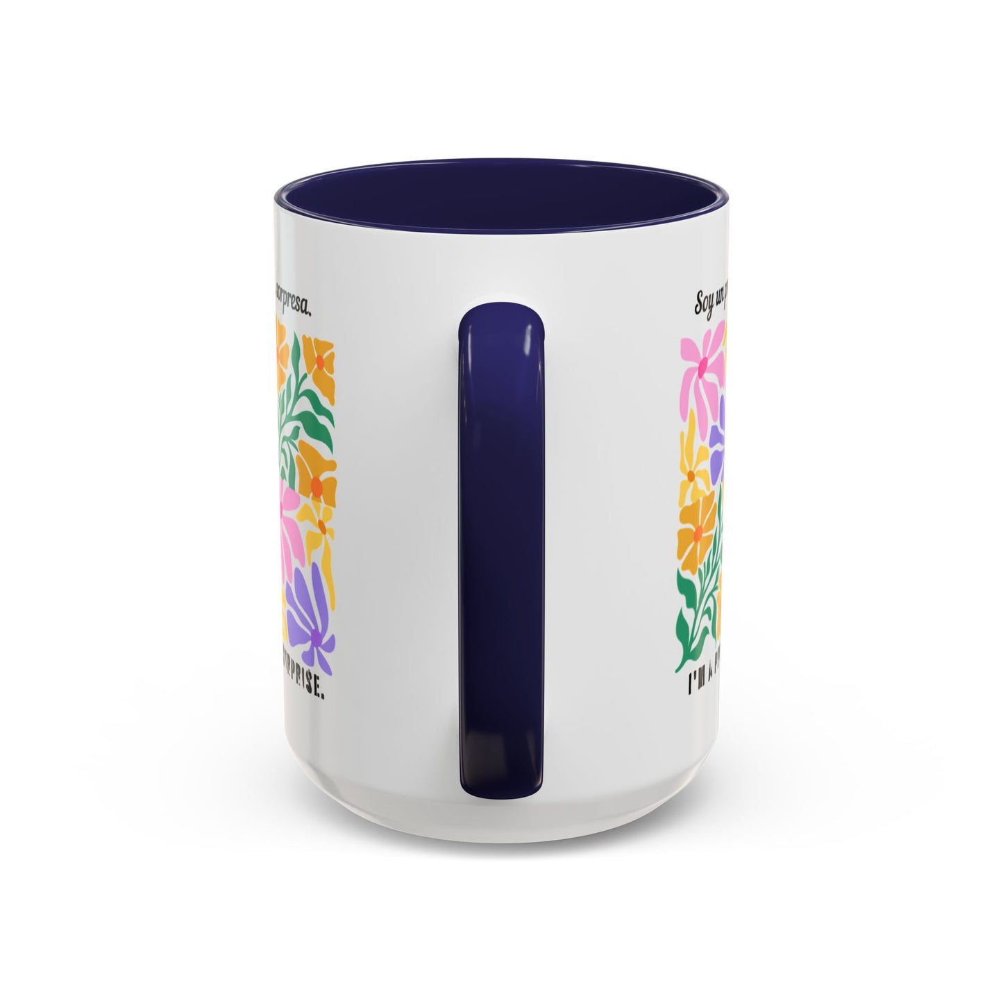 Floral "Soy un premio... sorpresa" Accent Coffee Mug — Colorful Spanish Quote 11/15oz