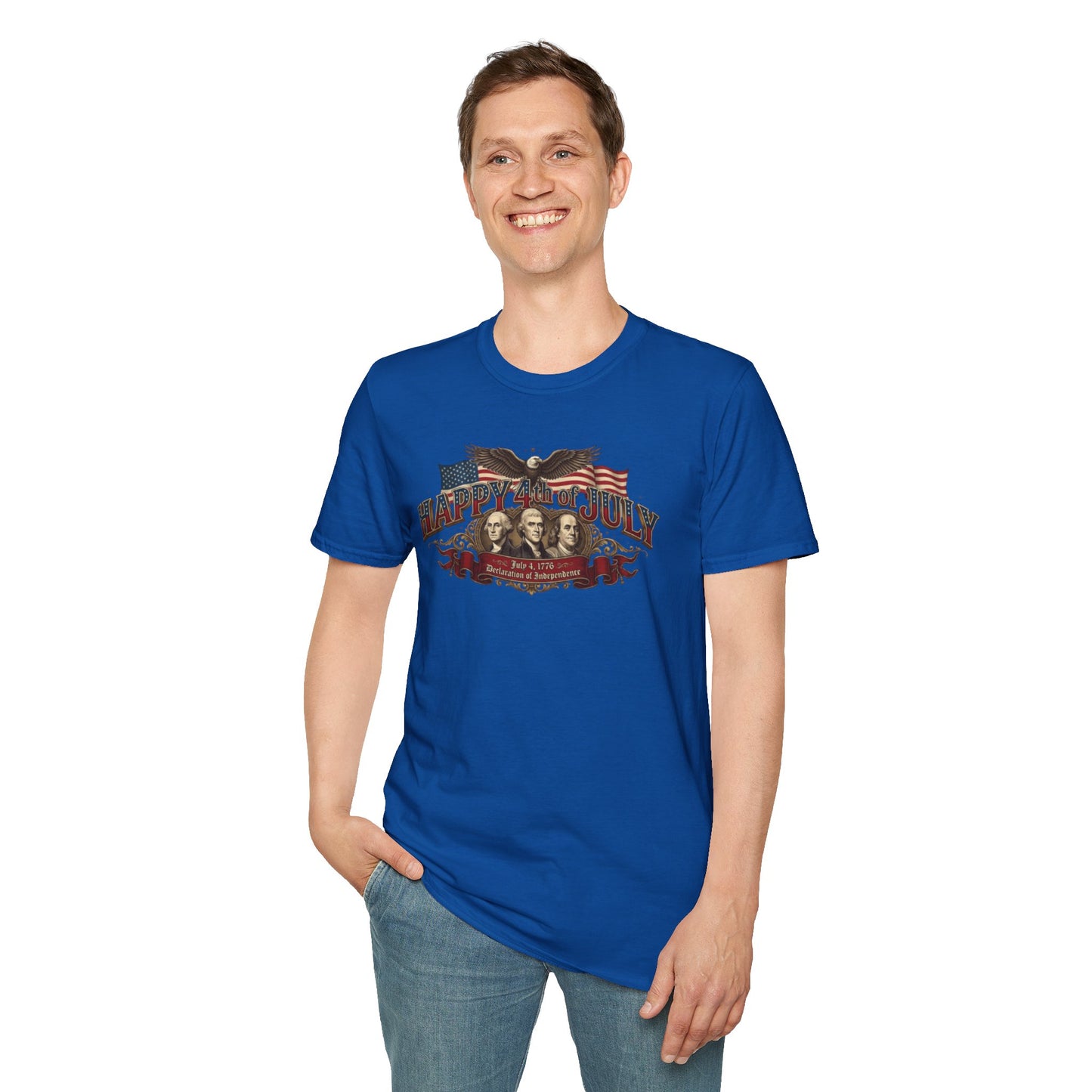 4th of July T-Shirt — "Happy 4th of July" Vintage Patriotic Tee featuring Founding Fathers & Eagle