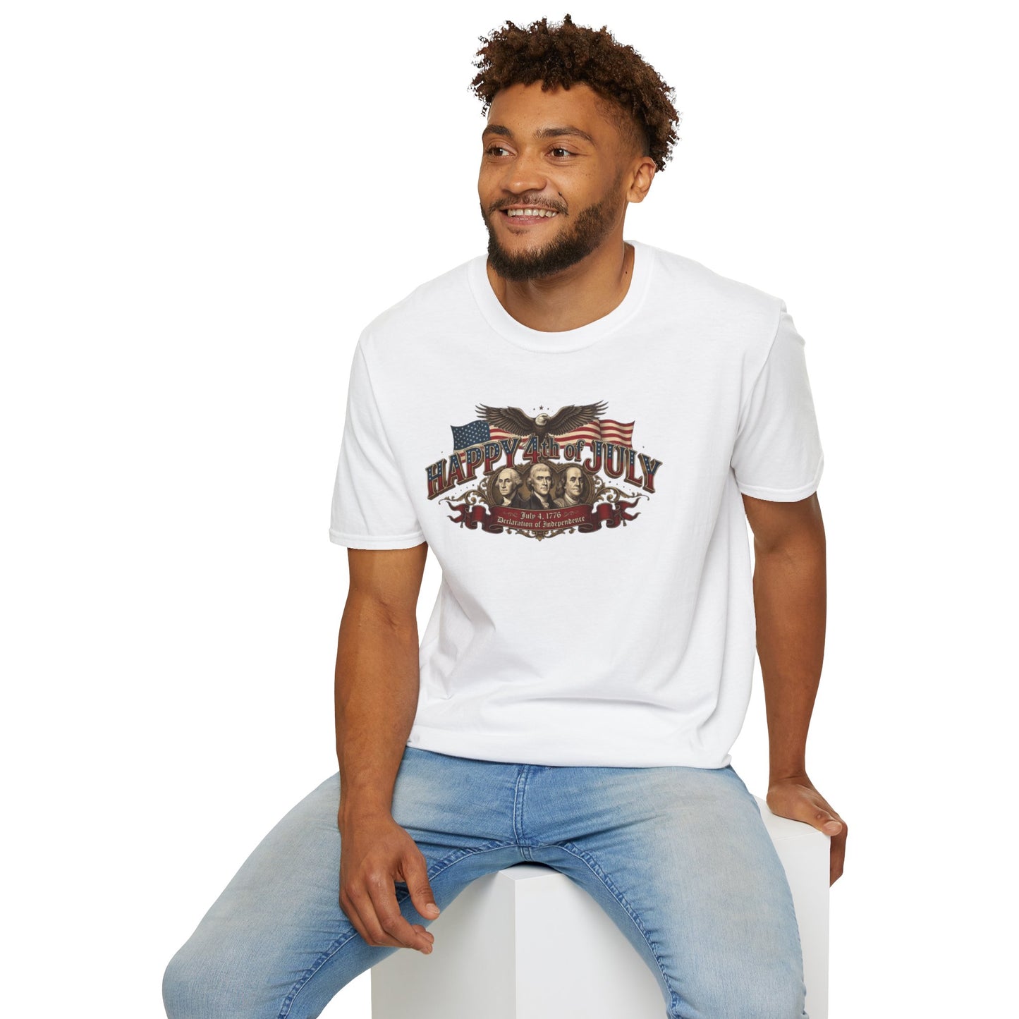 4th of July T-Shirt — "Happy 4th of July" Vintage Patriotic Tee featuring Founding Fathers & Eagle