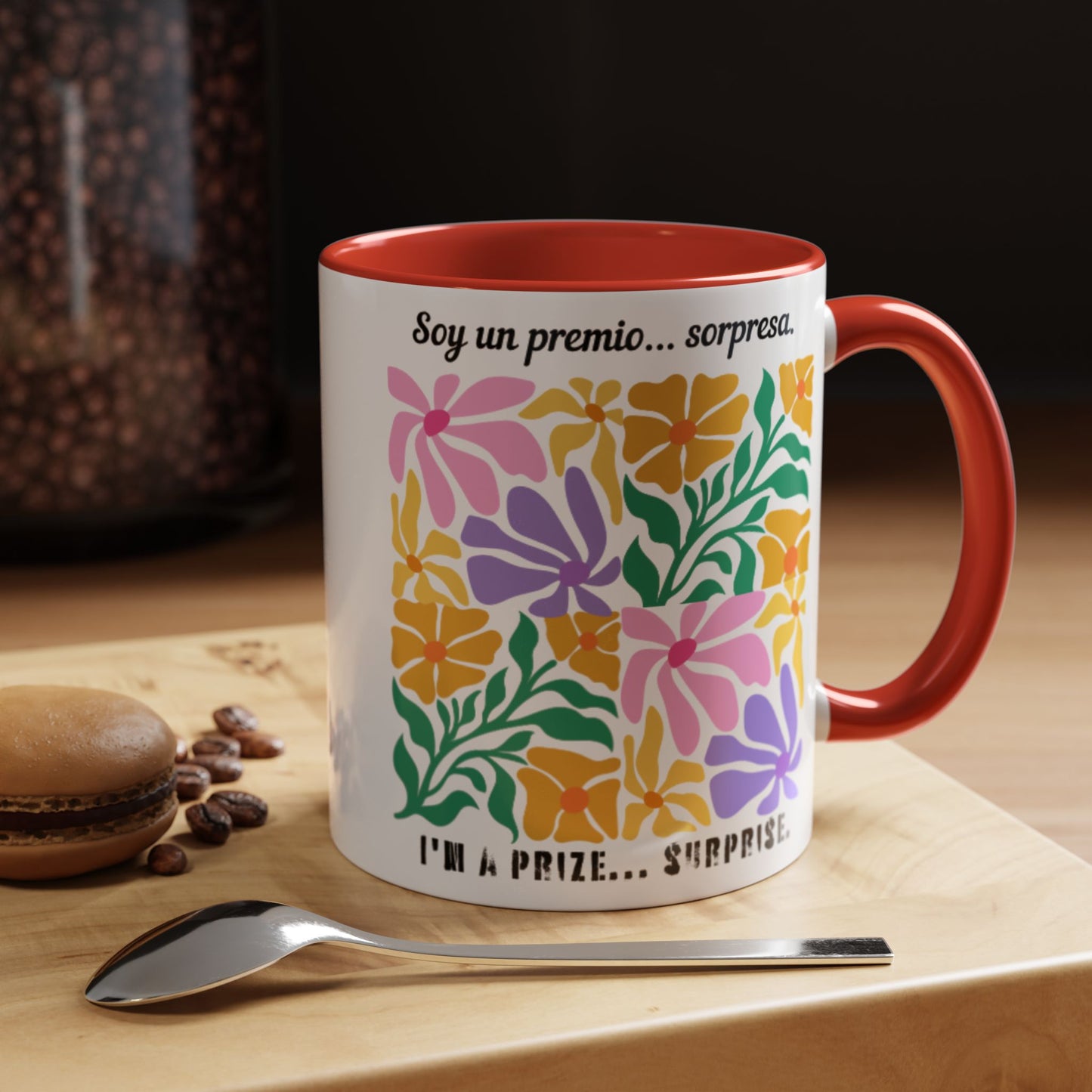 Floral 'Soy un premio... sorpresa / I'm a Prize... Surprise' Accent Coffee Mug