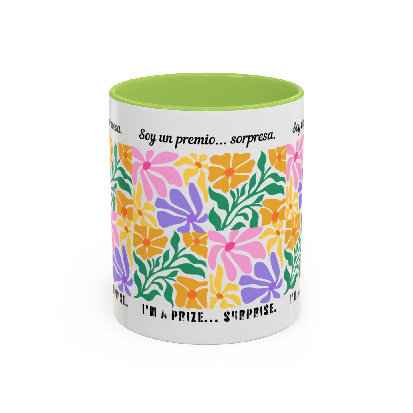 Floral "Soy un premio... sorpresa" Accent Coffee Mug — Colorful Spanish Quote 11/15oz