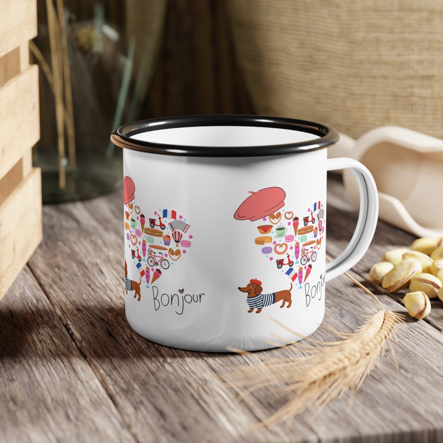 Enamel Camp Cup, This glossy enamel camp cup brings a playful touch of Paris to morning coffee,