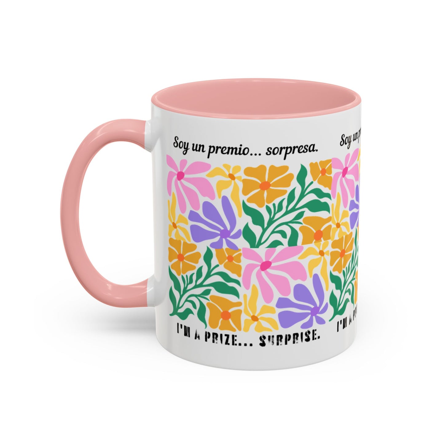 Floral "Soy un premio... sorpresa" Accent Coffee Mug — Colorful Spanish Quote 11/15oz