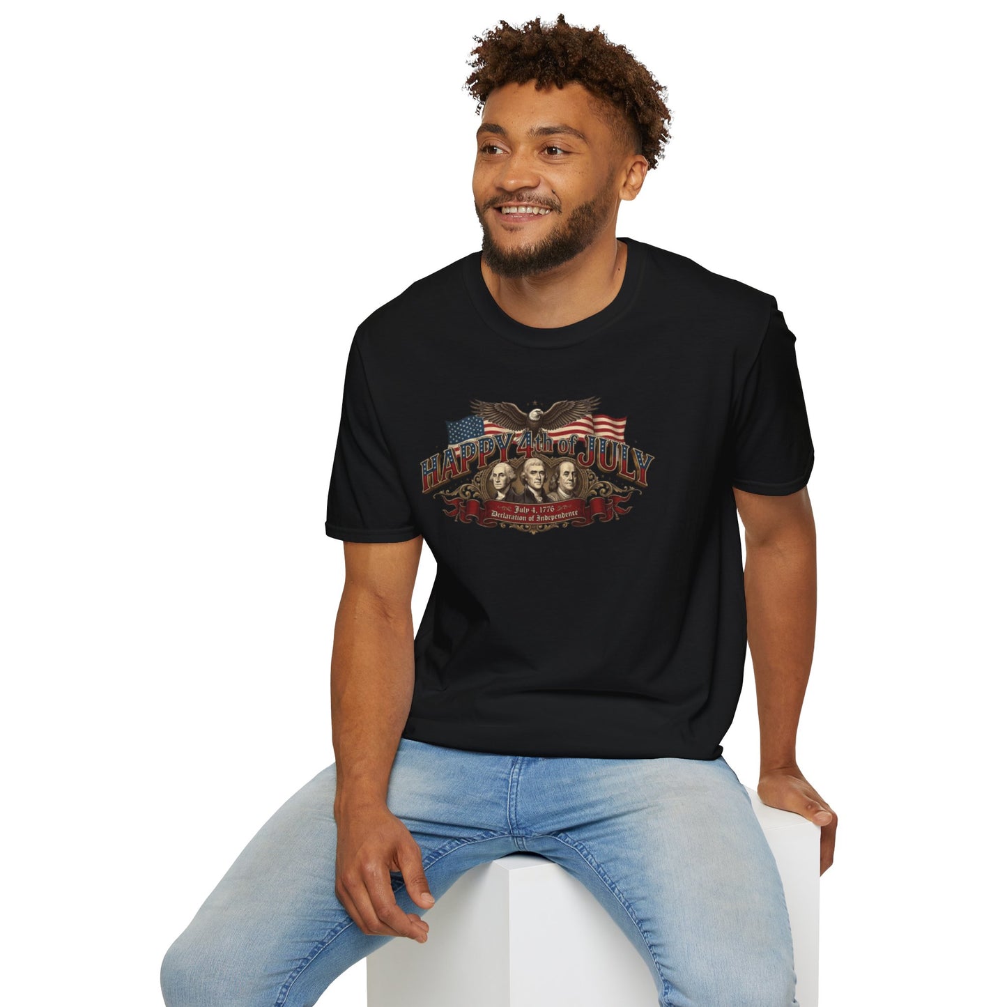 4th of July T-Shirt — "Happy 4th of July" Vintage Patriotic Tee featuring Founding Fathers & Eagle
