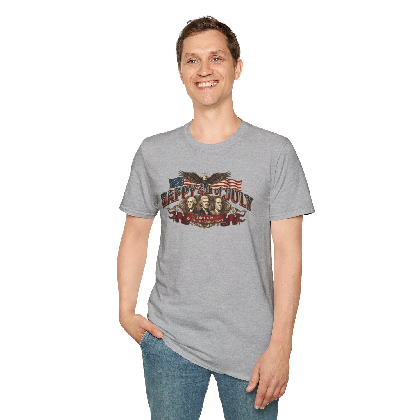 4th of July T-Shirt — "Happy 4th of July" Vintage Patriotic Tee featuring Founding Fathers & Eagle
