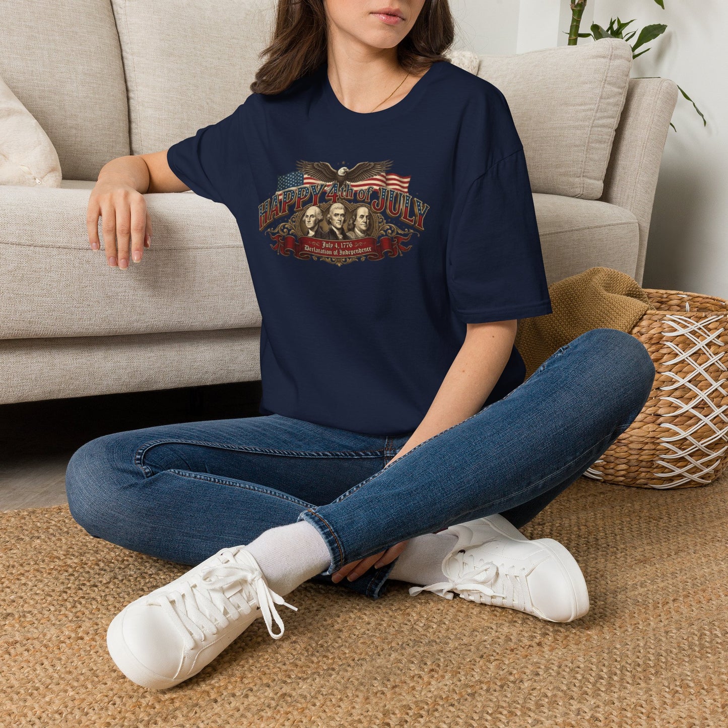 4th of July T-Shirt — "Happy 4th of July" Vintage Patriotic Tee featuring Founding Fathers & Eagle