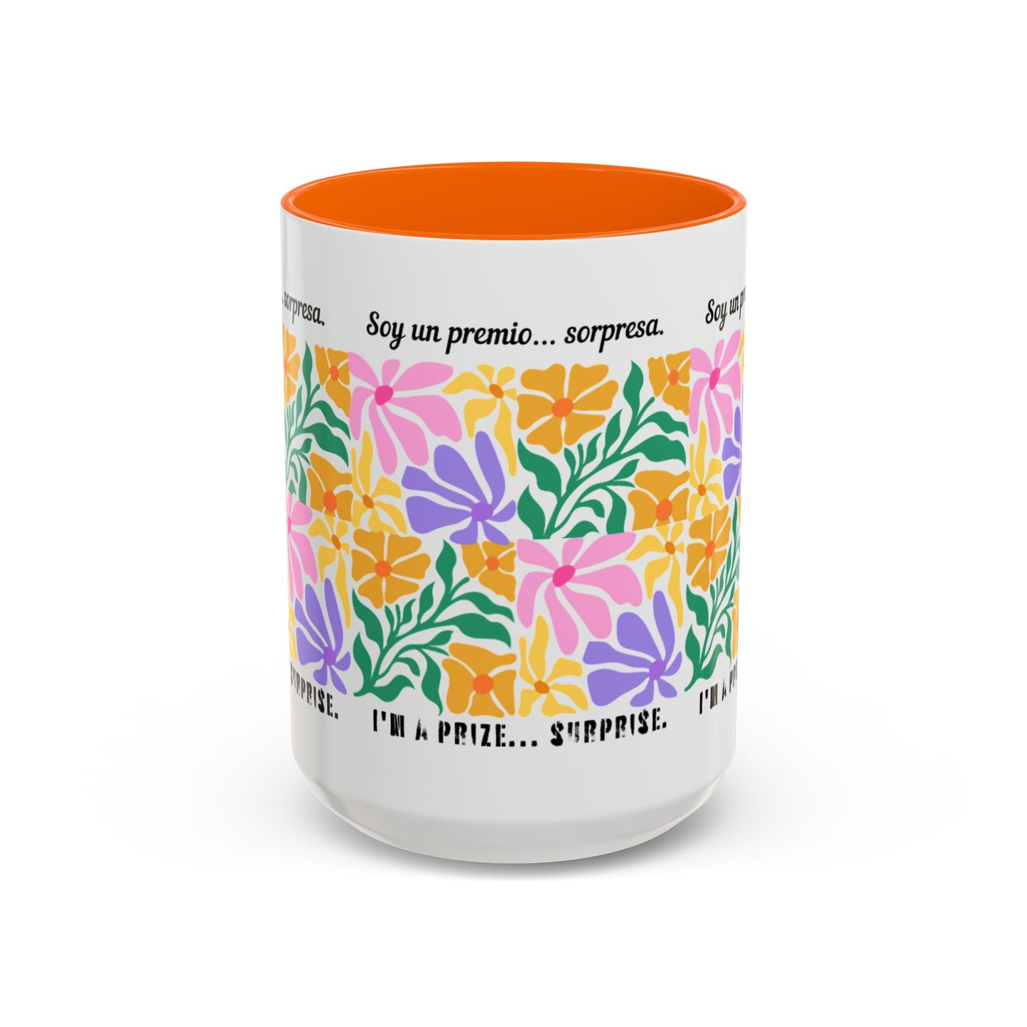 Floral "Soy un premio... sorpresa" Accent Coffee Mug — Colorful Spanish Quote 11/15oz