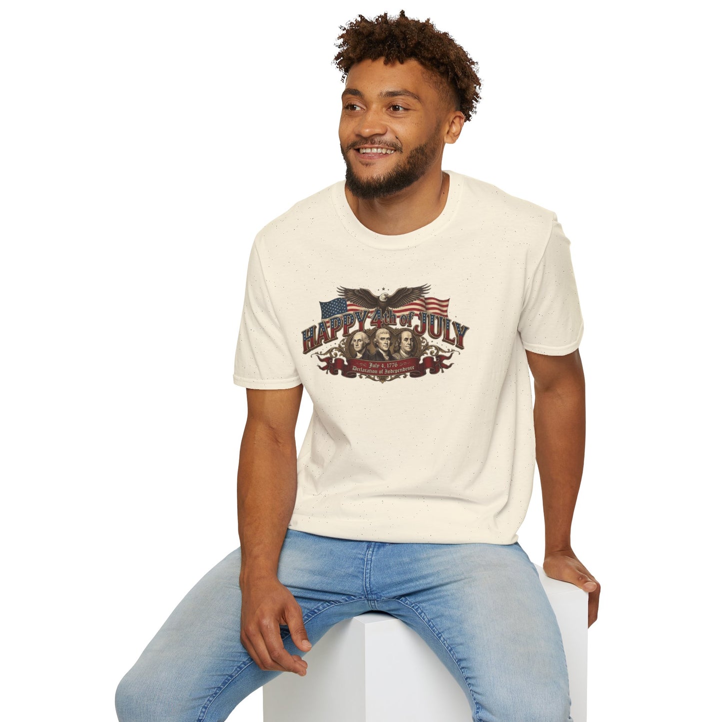 4th of July T-Shirt — "Happy 4th of July" Vintage Patriotic Tee featuring Founding Fathers & Eagle