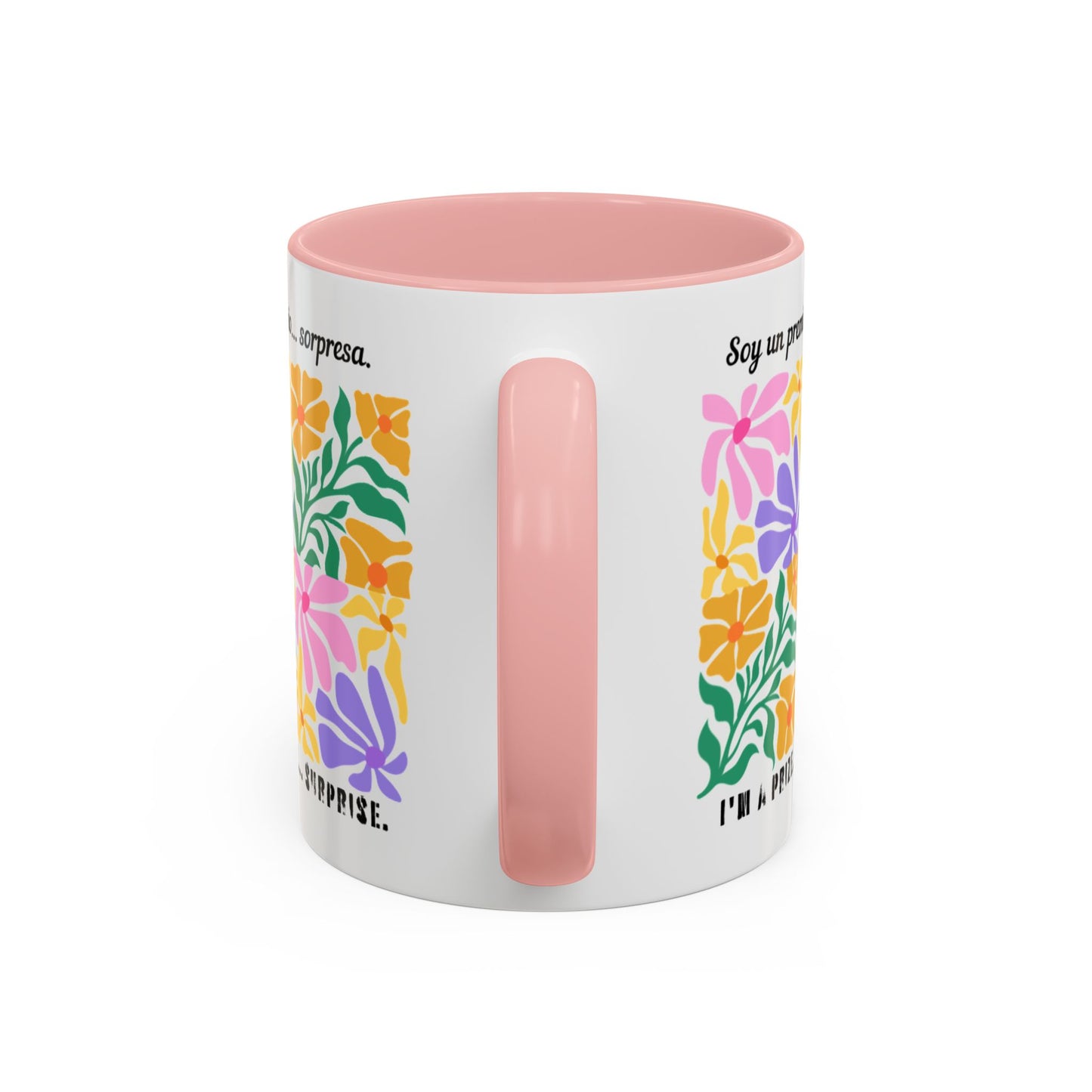 Floral "Soy un premio... sorpresa" Accent Coffee Mug — Colorful Spanish Quote 11/15oz