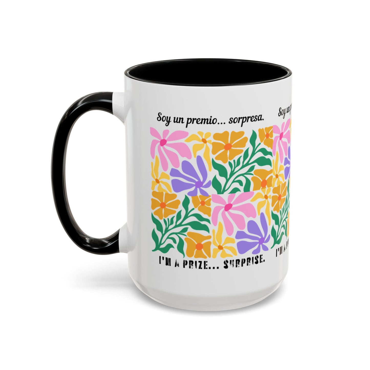 Floral "Soy un premio... sorpresa" Accent Coffee Mug — Colorful Spanish Quote 11/15oz