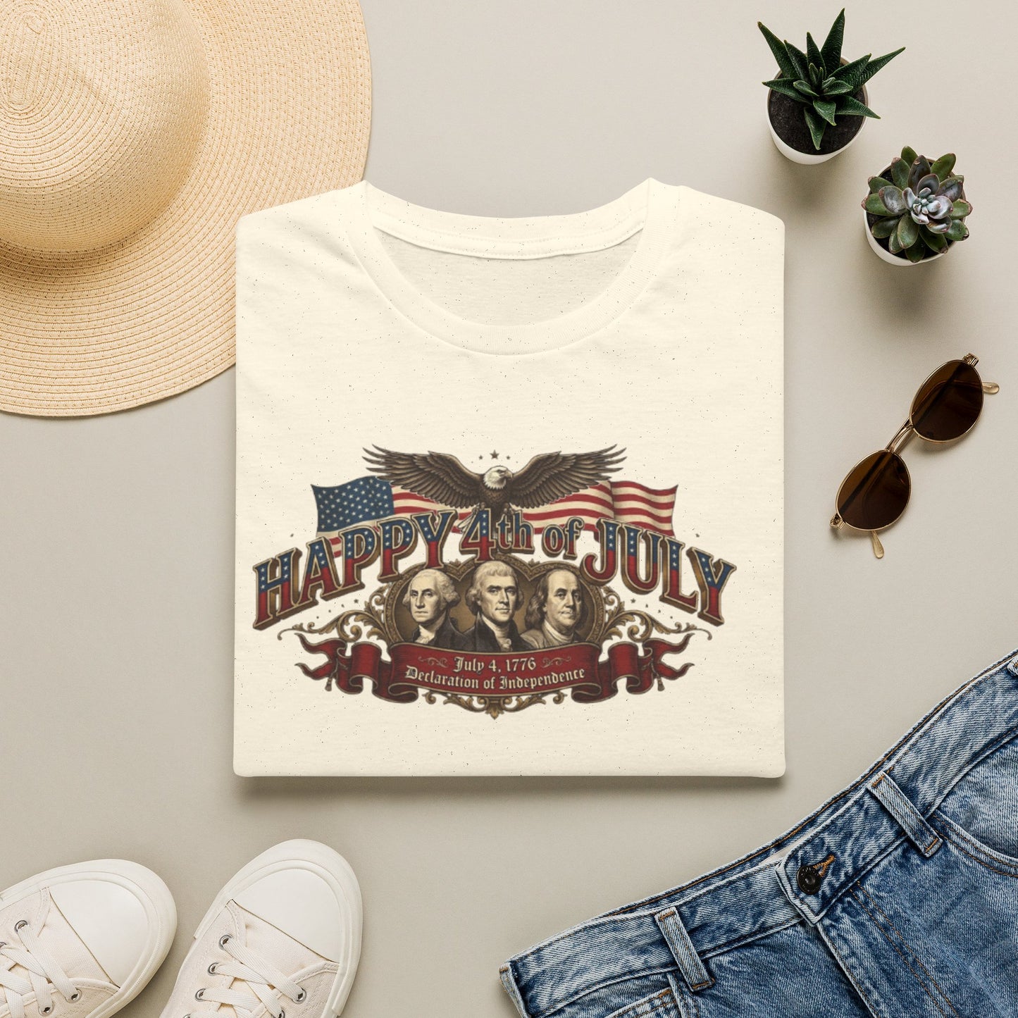 4th of July T-Shirt — "Happy 4th of July" Vintage Patriotic Tee featuring Founding Fathers & Eagle