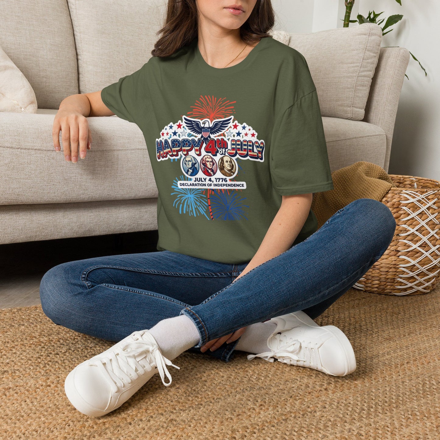 Unisex Softstyle T-ShirtHappy 4th July Eagle T-Shirt | Patriotic Fireworks Independence Day Tee