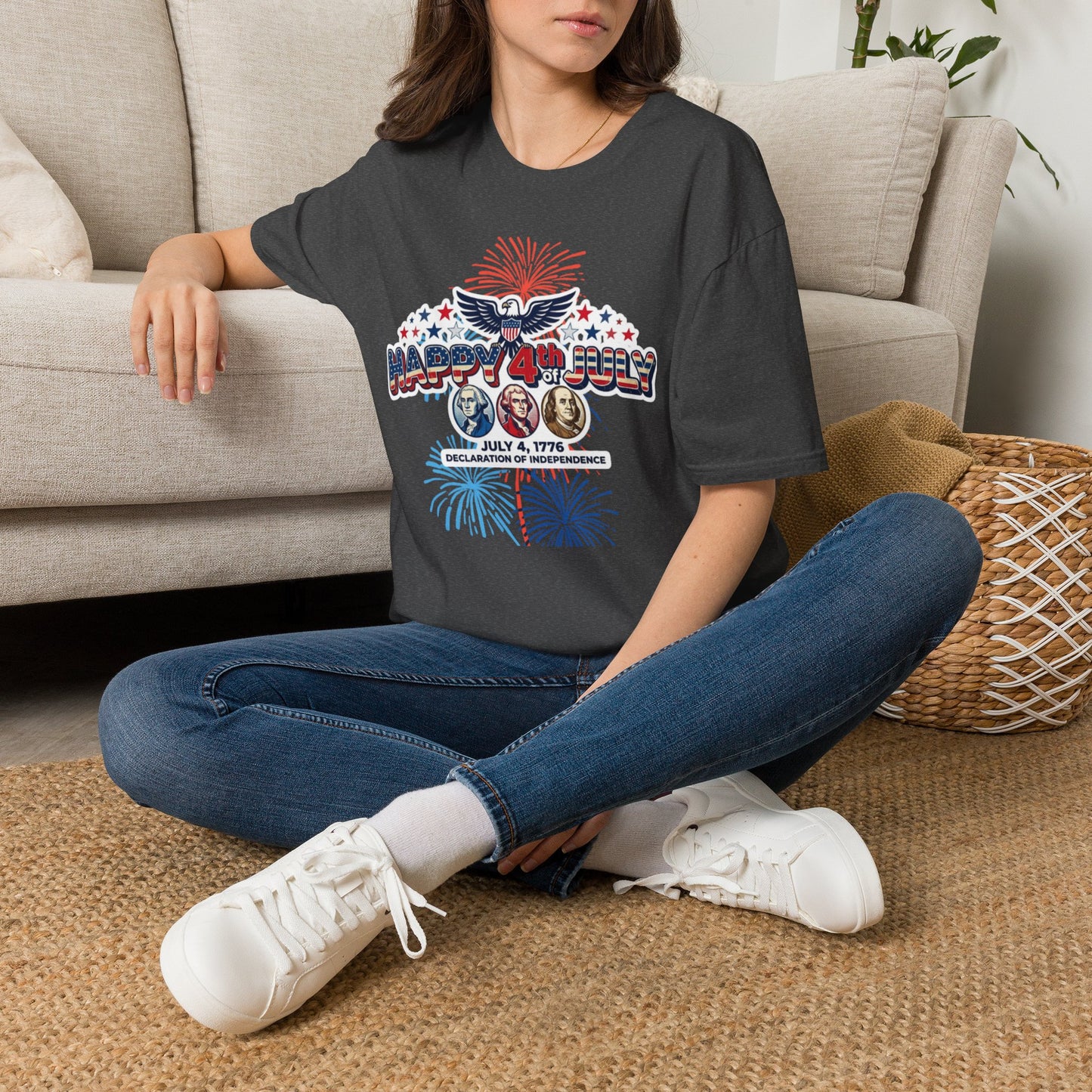Unisex Softstyle T-ShirtHappy 4th July Eagle T-Shirt | Patriotic Fireworks Independence Day Tee