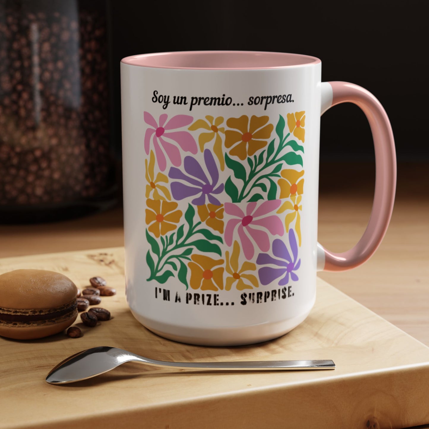 Floral 'Soy un premio... sorpresa / I'm a Prize... Surprise' Accent Coffee Mug