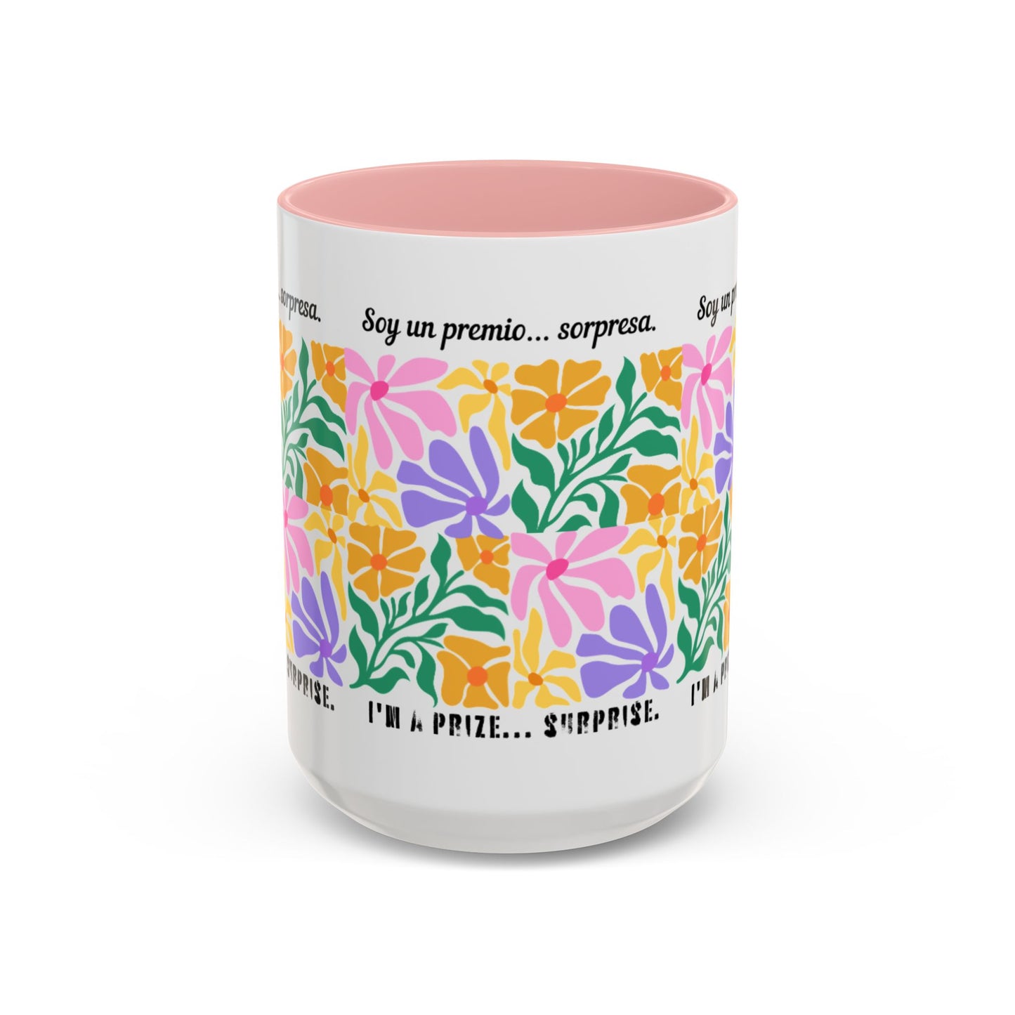 Floral "Soy un premio... sorpresa" Accent Coffee Mug — Colorful Spanish Quote 11/15oz