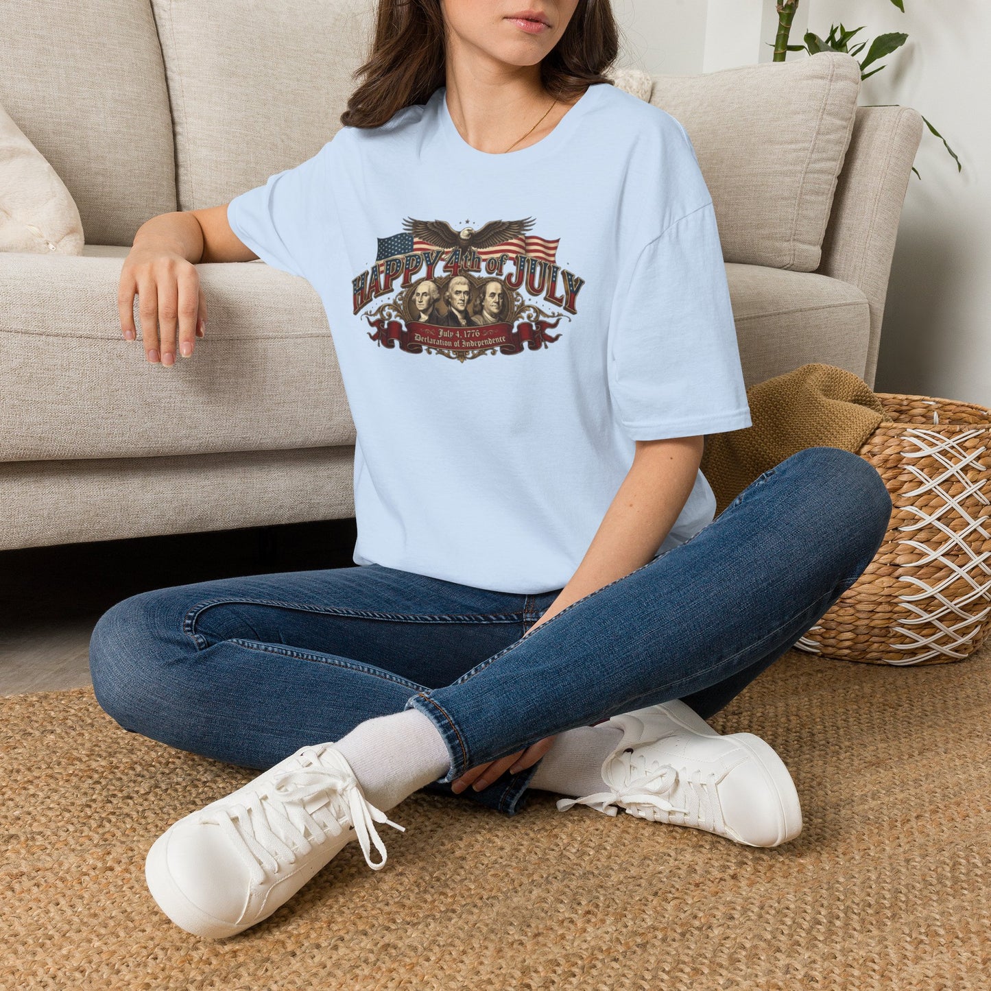4th of July T-Shirt — "Happy 4th of July" Vintage Patriotic Tee featuring Founding Fathers & Eagle