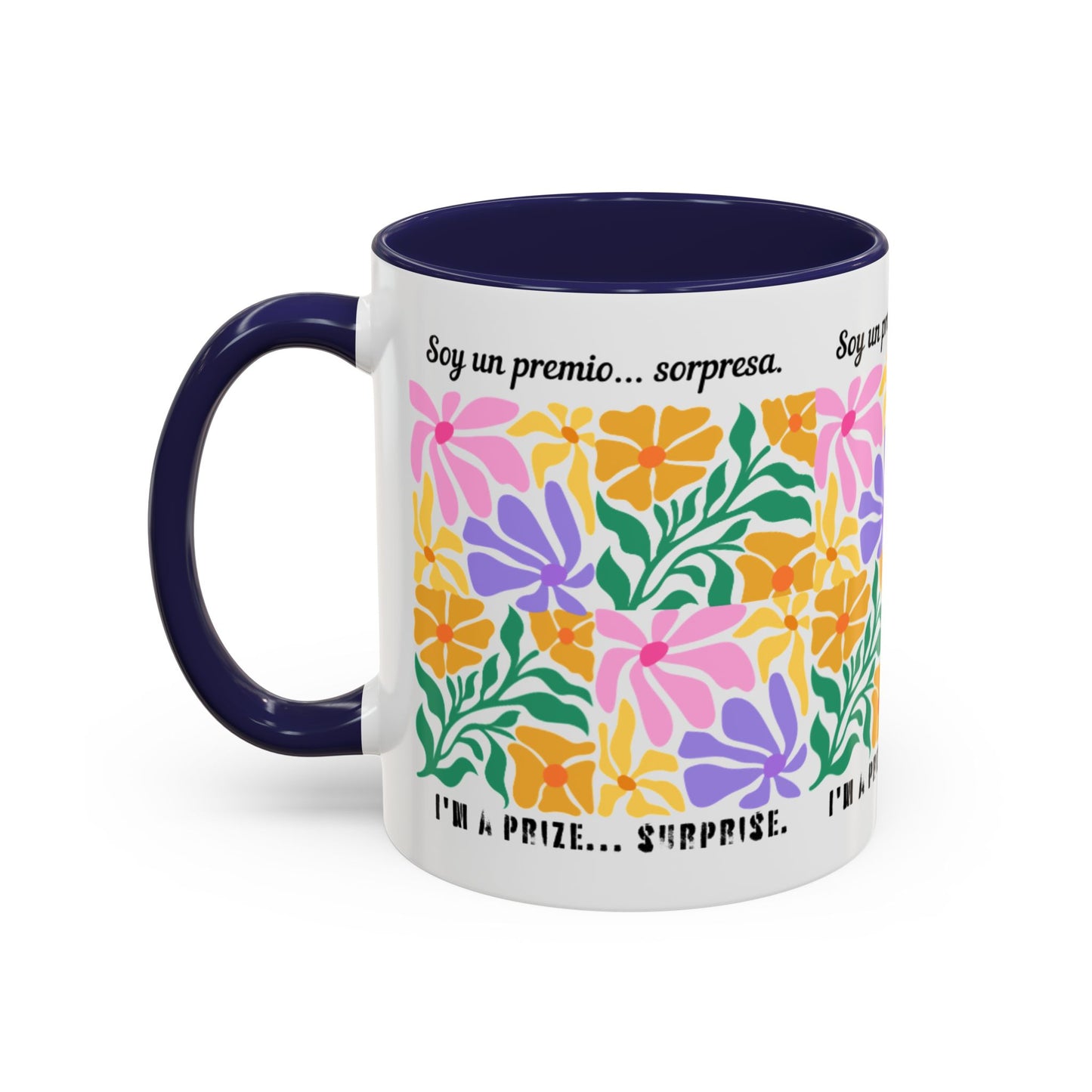 Floral "Soy un premio... sorpresa" Accent Coffee Mug — Colorful Spanish Quote 11/15oz