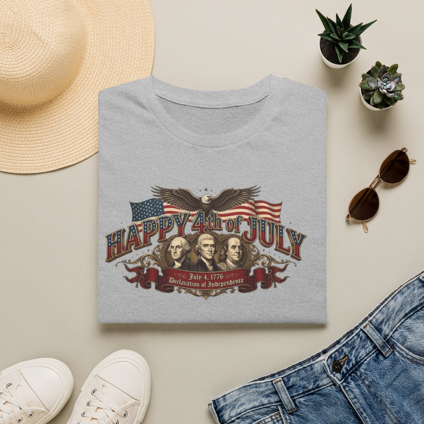 4th of July T-Shirt — "Happy 4th of July" Vintage Patriotic Tee featuring Founding Fathers & Eagle