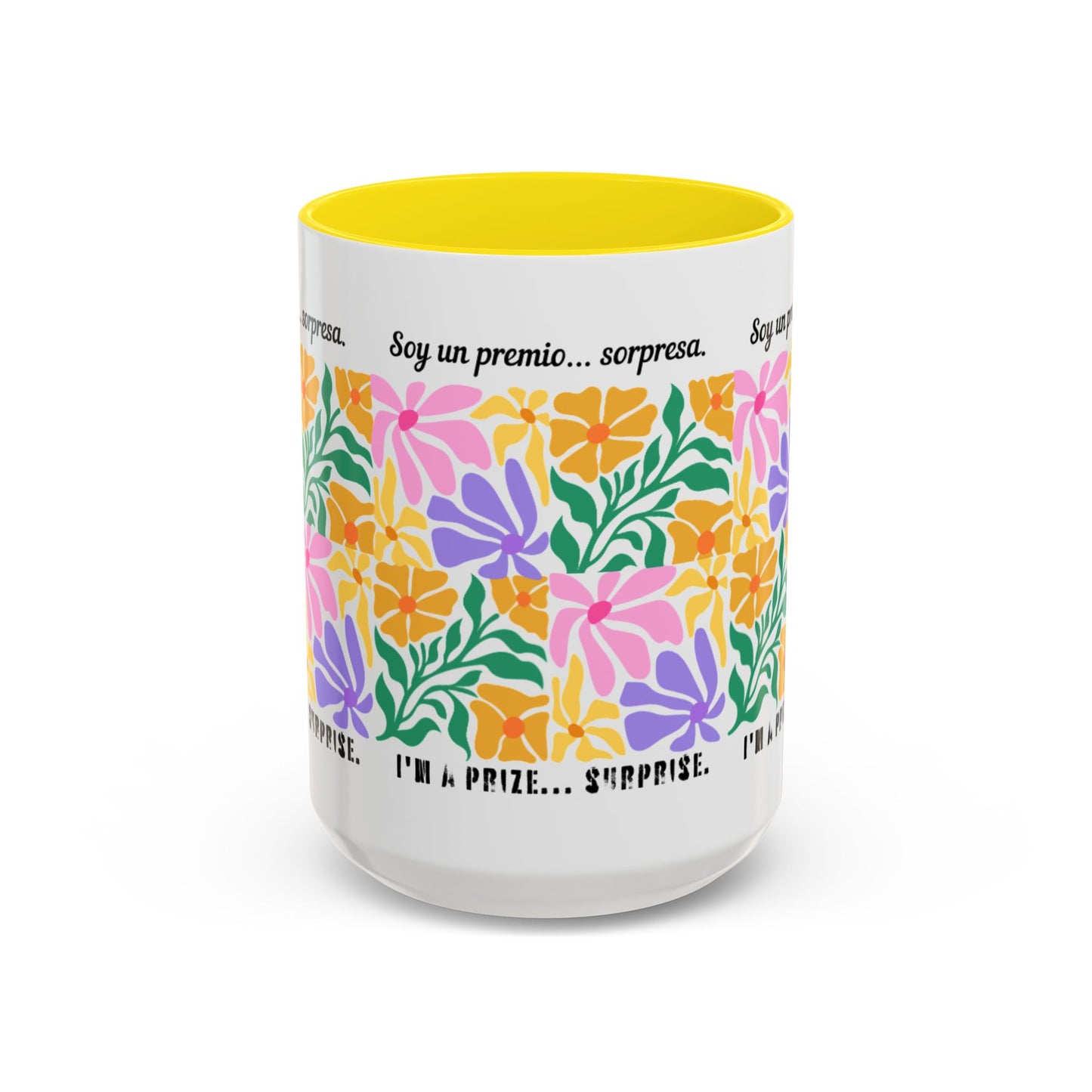 Floral "Soy un premio... sorpresa" Accent Coffee Mug — Colorful Spanish Quote 11/15oz