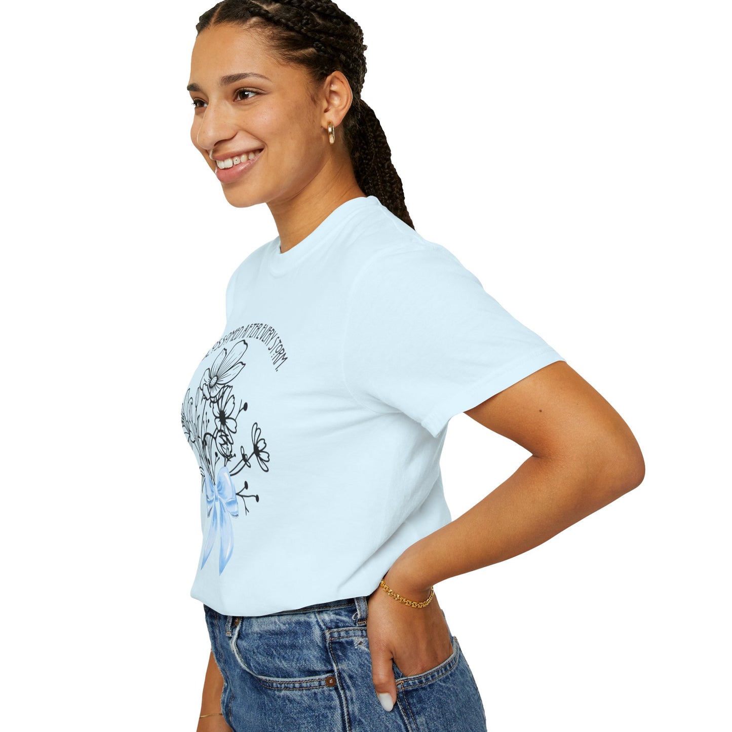 T-Shirt — 'She Blossomed After Every Storm' Floral Bouquet Tee with Blue Ribbon