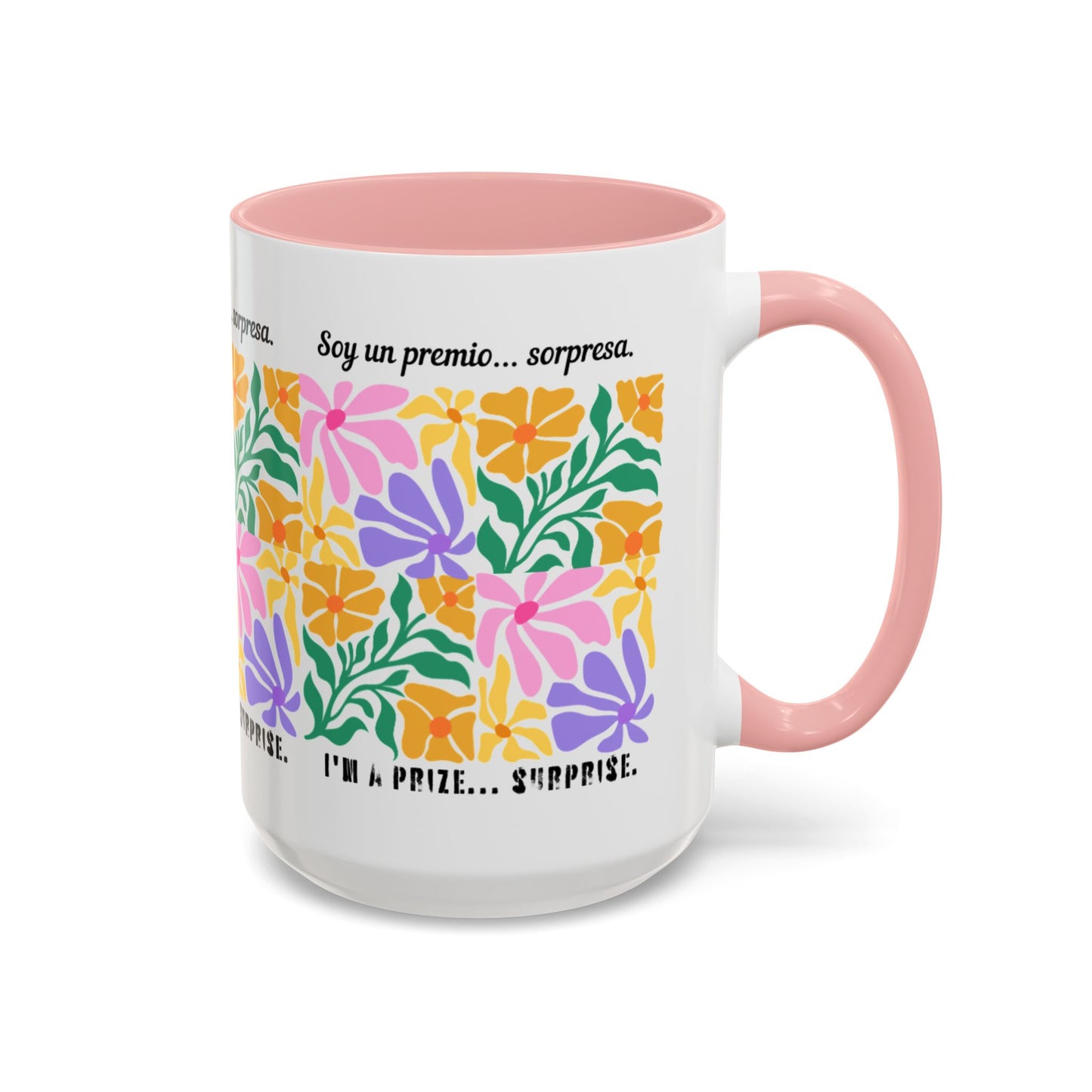 Floral "Soy un premio... sorpresa" Accent Coffee Mug — Colorful Spanish Quote 11/15oz