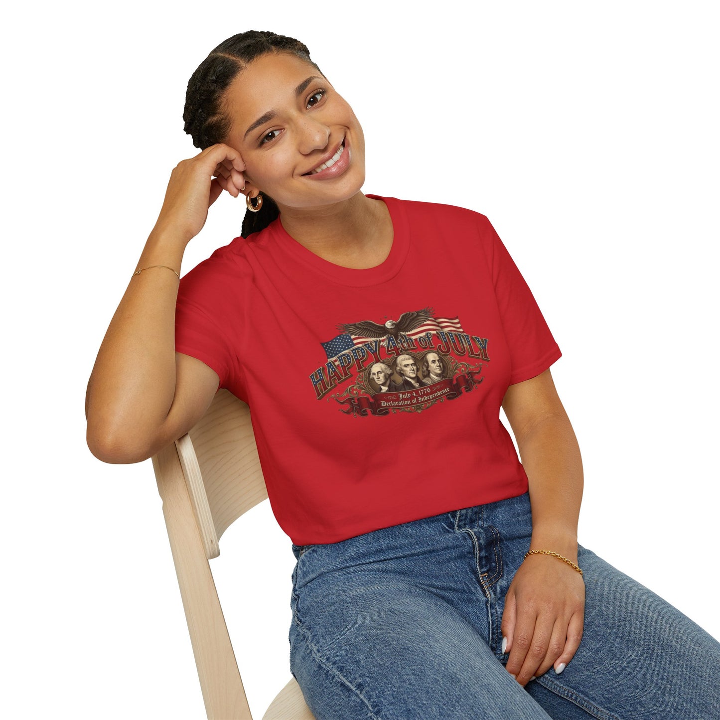 4th of July T-Shirt — "Happy 4th of July" Vintage Patriotic Tee featuring Founding Fathers & Eagle