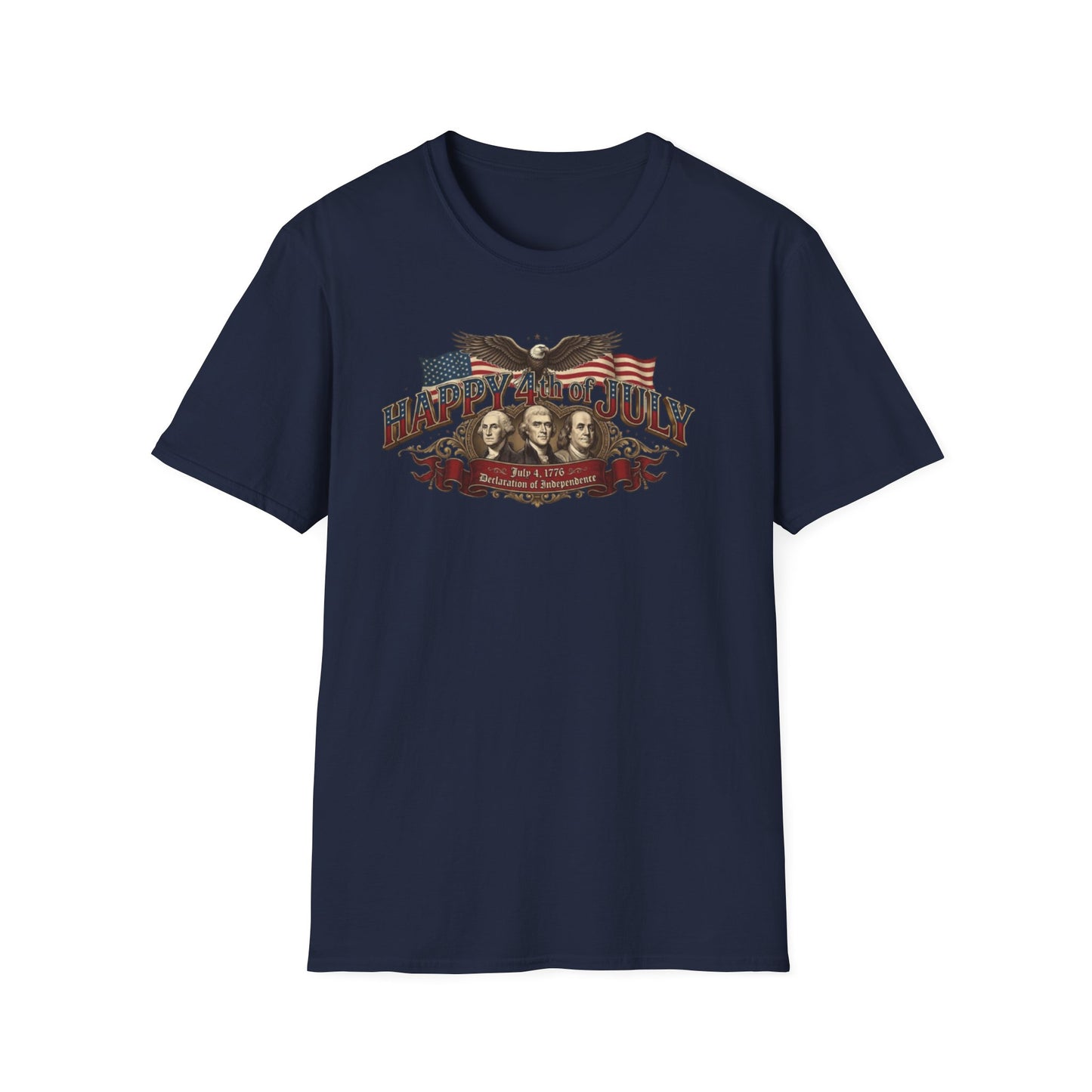 4th of July T-Shirt — "Happy 4th of July" Vintage Patriotic Tee featuring Founding Fathers & Eagle