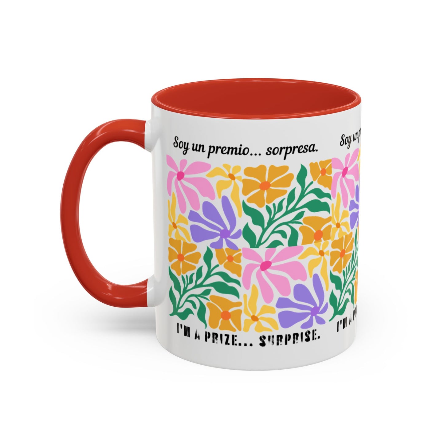 Floral "Soy un premio... sorpresa" Accent Coffee Mug — Colorful Spanish Quote 11/15oz