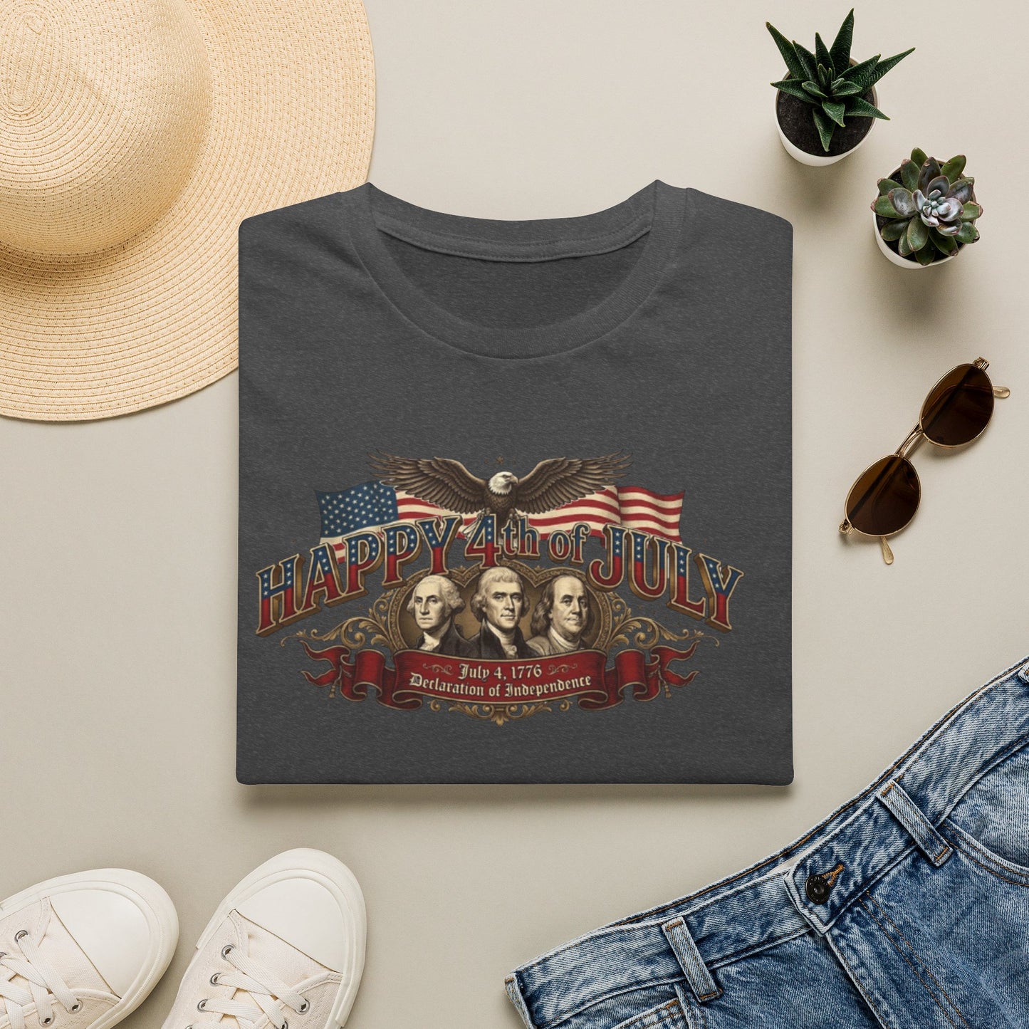4th of July T-Shirt — "Happy 4th of July" Vintage Patriotic Tee featuring Founding Fathers & Eagle