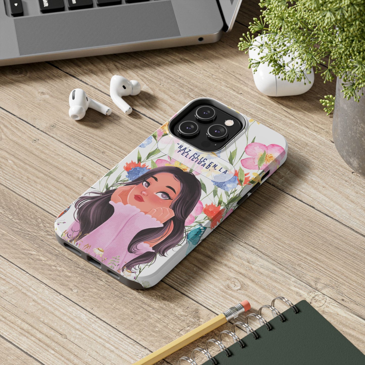 Floral Girl Phone Case — "Haz clic en la felicidad" Tough Protective Case