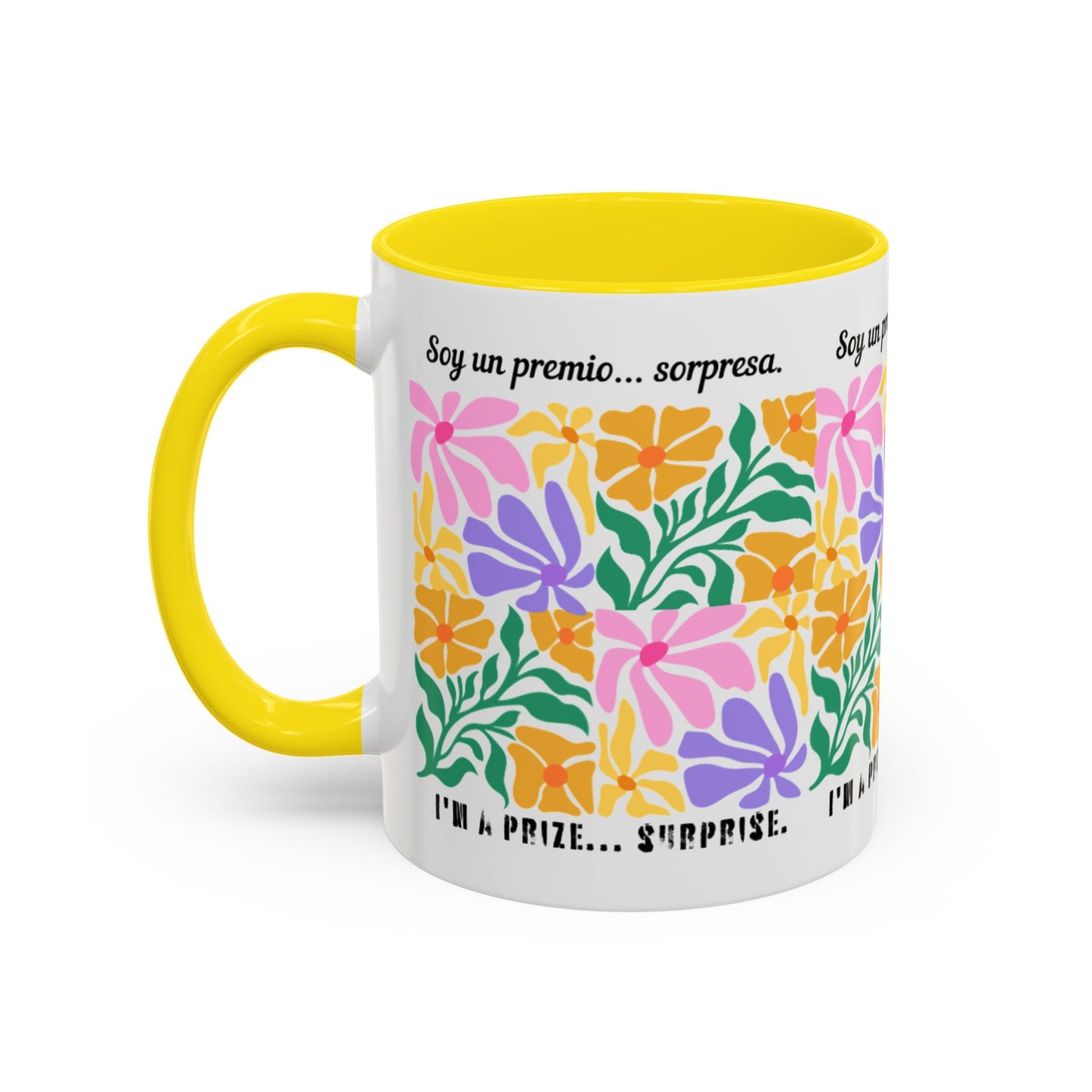 Floral "Soy un premio... sorpresa" Accent Coffee Mug — Colorful Spanish Quote 11/15oz
