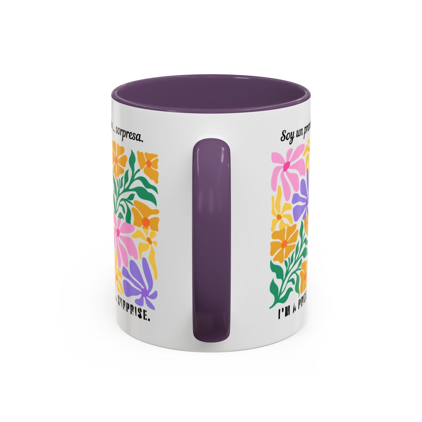 Floral "Soy un premio... sorpresa" Accent Coffee Mug — Colorful Spanish Quote 11/15oz