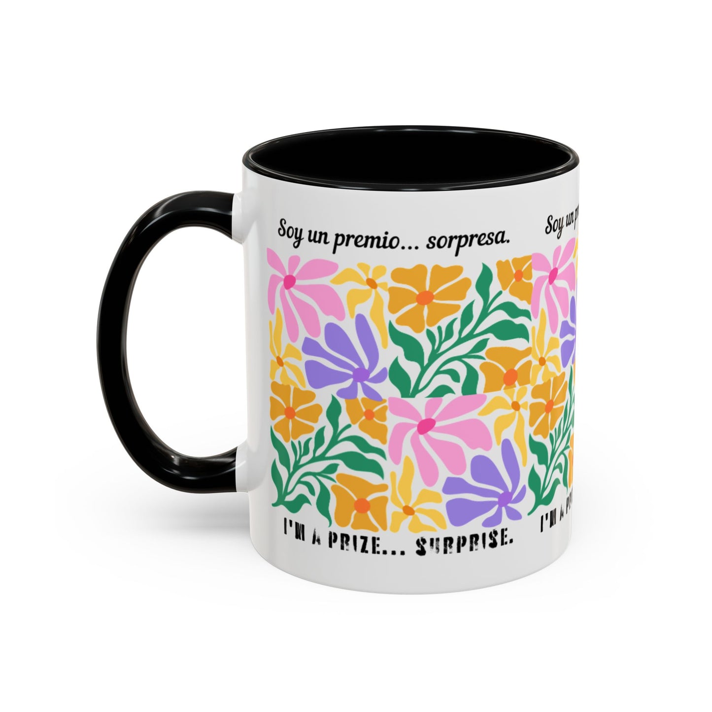 Floral "Soy un premio... sorpresa" Accent Coffee Mug — Colorful Spanish Quote 11/15oz