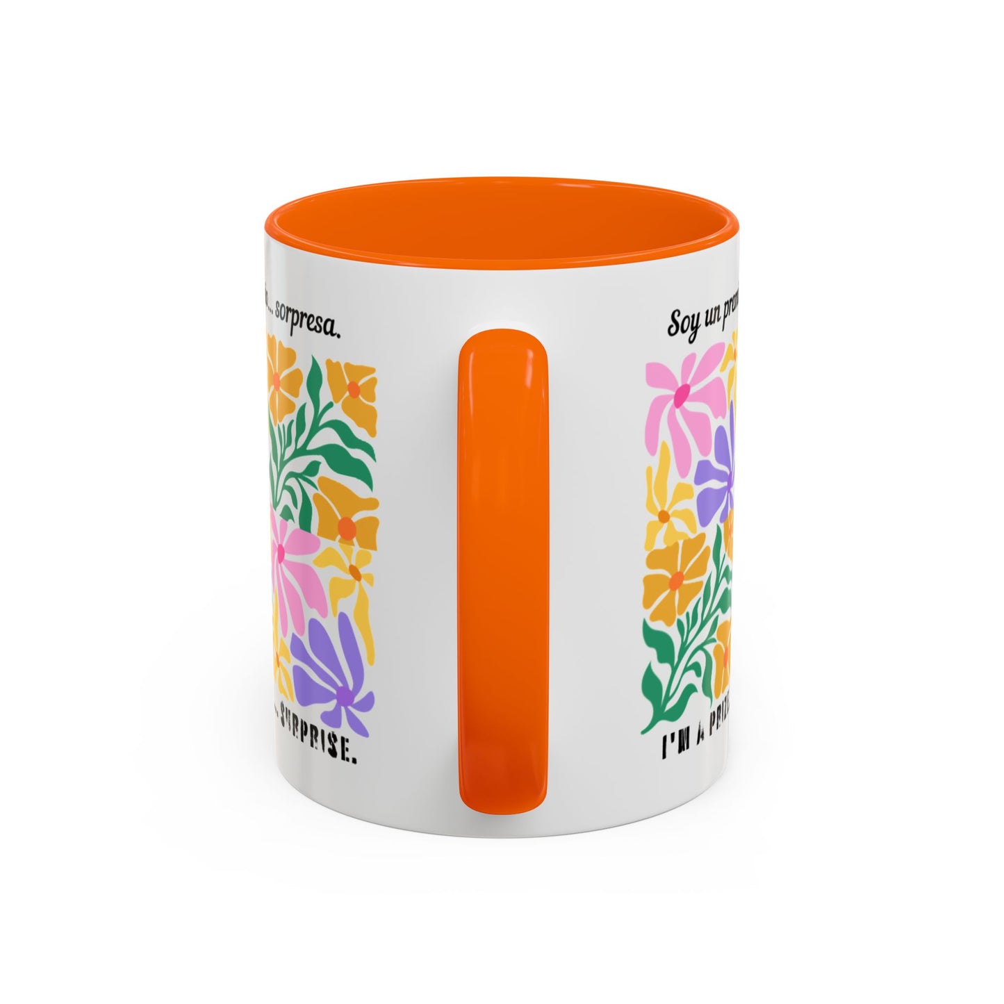 Floral "Soy un premio... sorpresa" Accent Coffee Mug — Colorful Spanish Quote 11/15oz